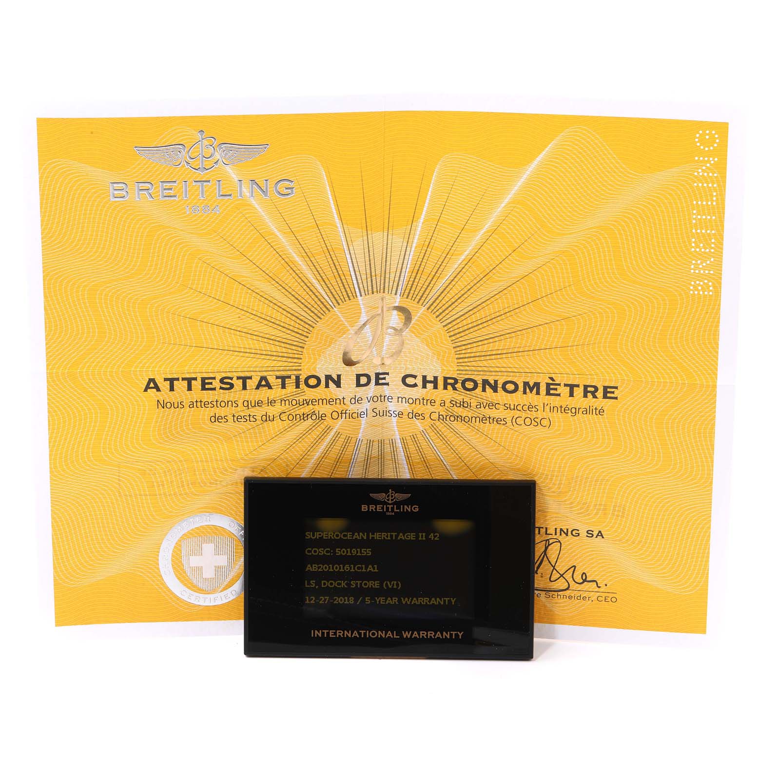 The image shows the warranty card and the certificate of chronometer for a Breitling Superocean AB2010161C1A1 Men's Stainless Steel Blue Dial AB2010161C1A1 Men's Stainless Steel Blue Dial model.
