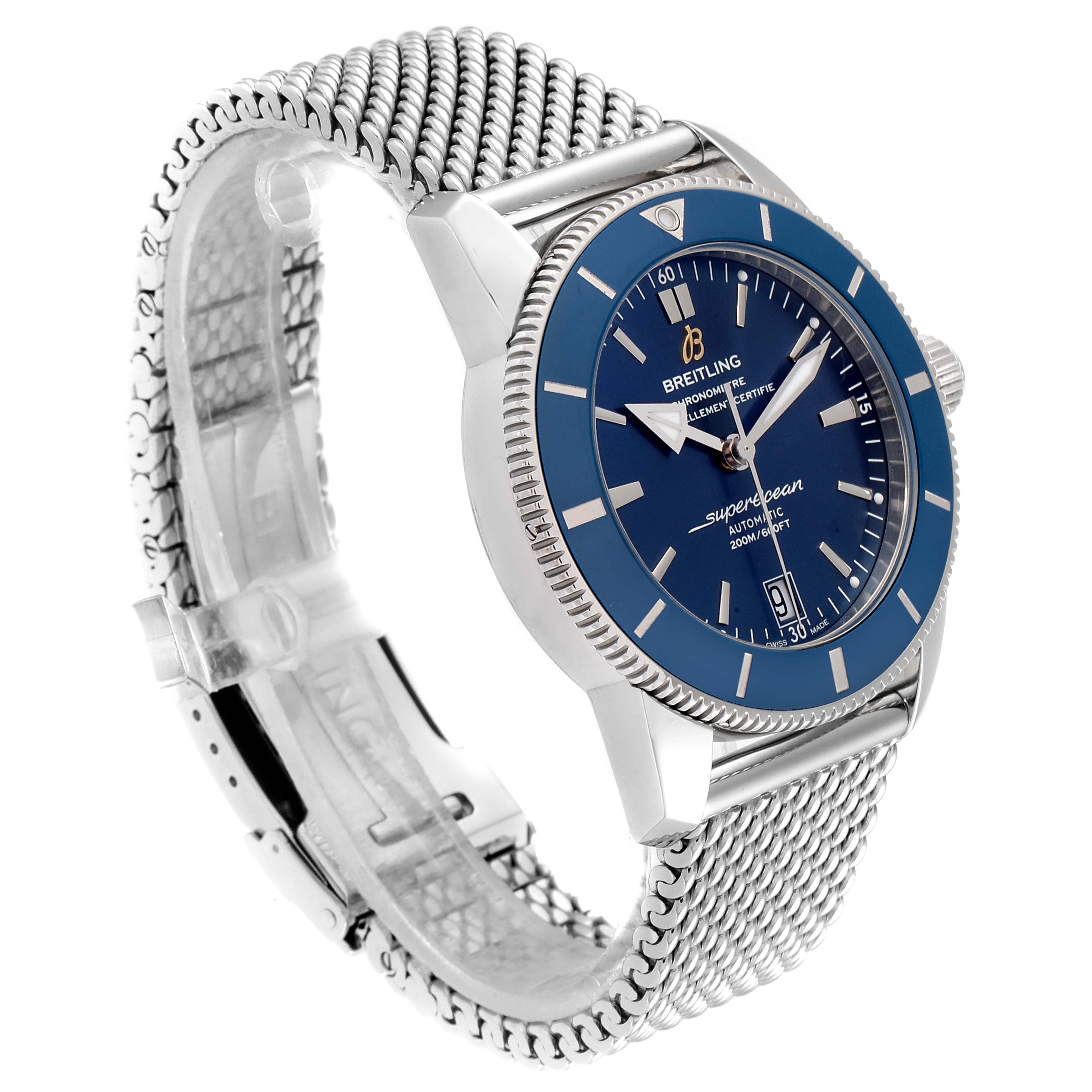 The Breitling Superocean AB2010161C1A1 Men's Stainless Steel Blue Dial AB2010161C1A1 Men's Stainless Steel Blue Dial watch is shown from an angled side view, highlighting the blue dial, bezel, and metal mesh strap.