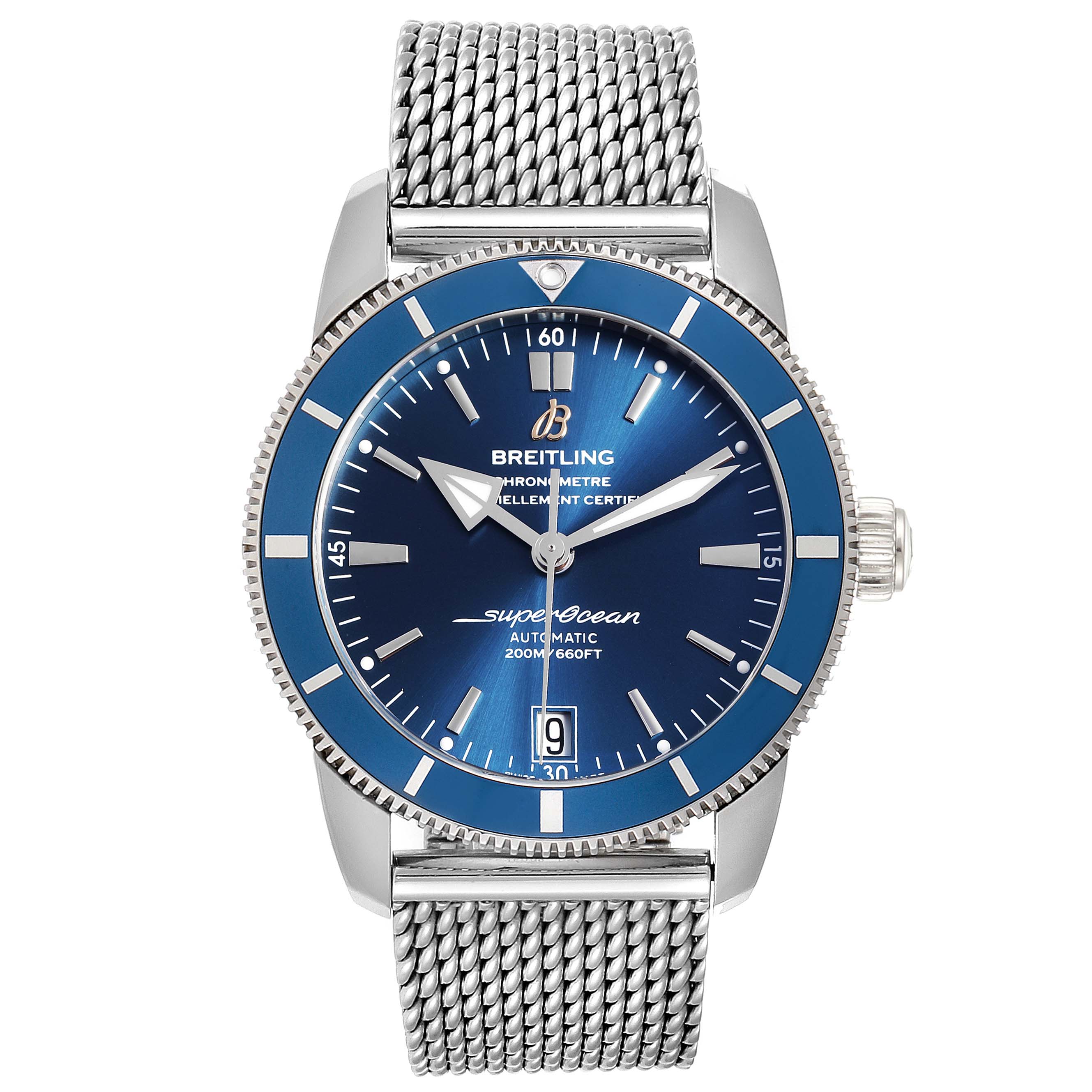 The image shows a front view of a Breitling Superocean AB2010161C1A1 Men's Stainless Steel Blue Dial AB2010161C1A1 Men's Stainless Steel Blue Dial watch, displaying its blue dial, silver mesh strap, and date window.