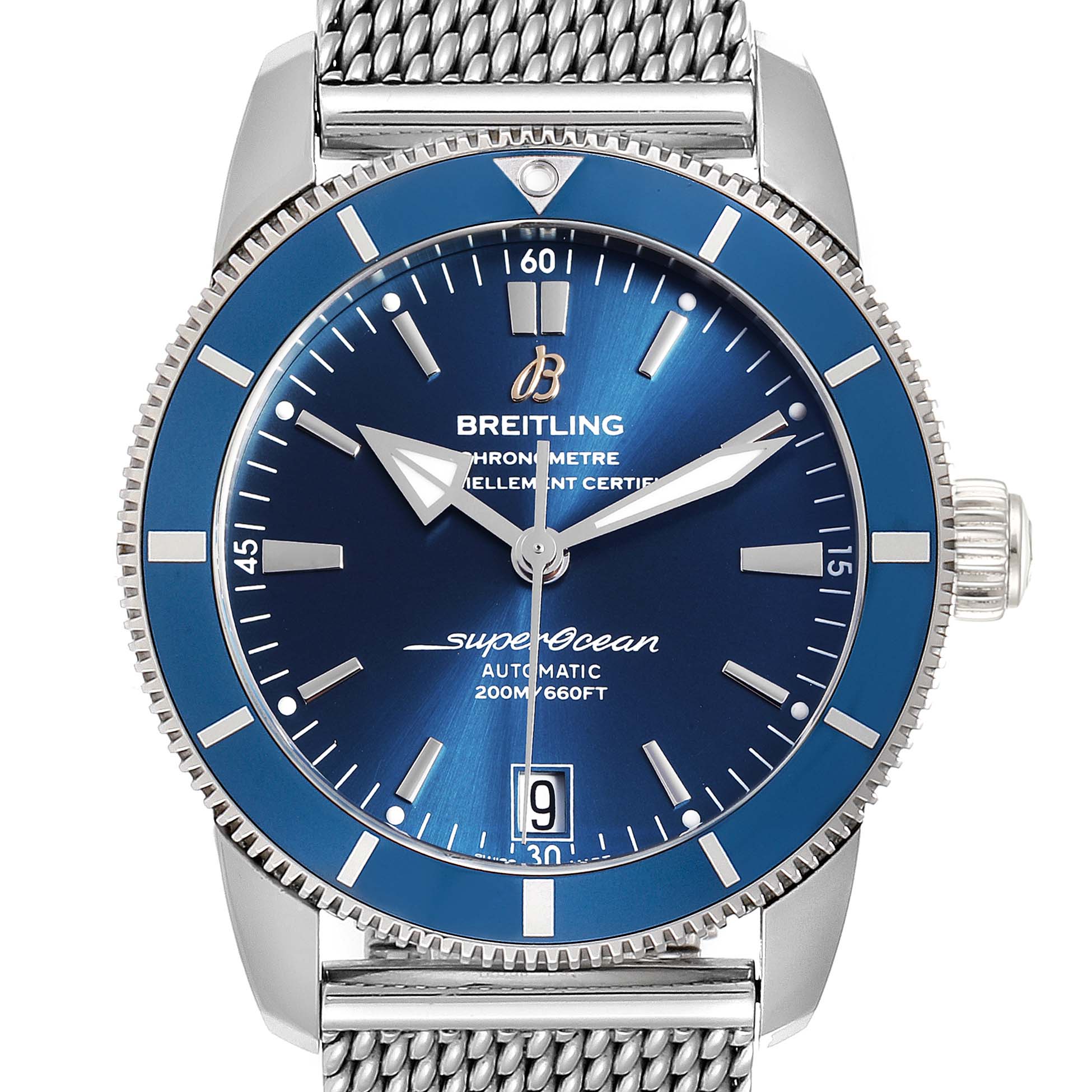 The Breitling Superocean AB2010161C1A1 Men's Stainless Steel Blue Dial AB2010161C1A1 Men's Stainless Steel Blue Dial watch is shown from a front angle, highlighting the dial, hands, bezel, and part of the mesh bracelet.