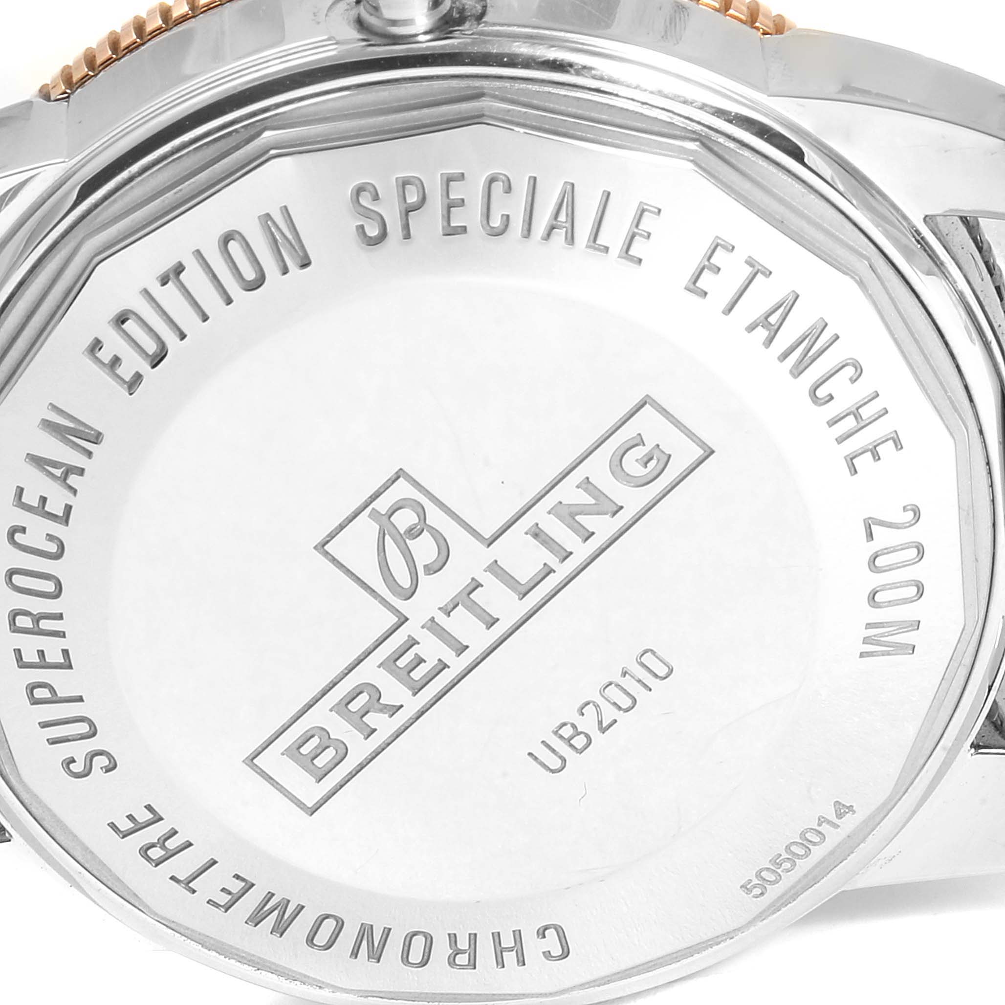 The image shows the back case of a Breitling Superocean UB201012/BG53/154A Men
s Stainless Steel Black Dial UB201012/BG53/154A Men
s Stainless Steel Black Dial model watch, displaying the brand and model details.