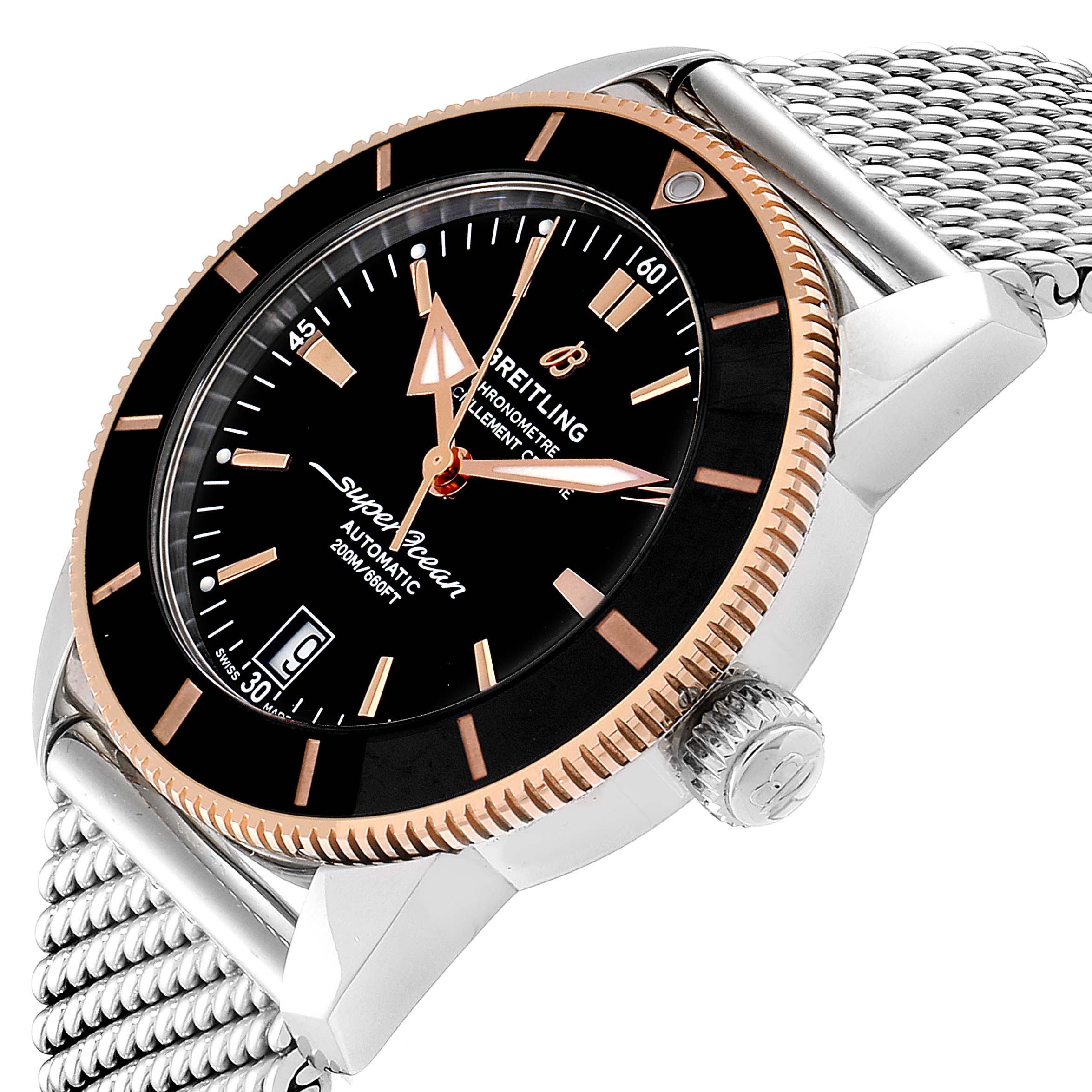 This image shows a Breitling Superocean UB201012/BG53/154A Men
s Stainless Steel Black Dial UB201012/BG53/154A Men
s Stainless Steel Black Dial watch at an oblique angle, highlighting the dial, bezel, and part of the metal strap.