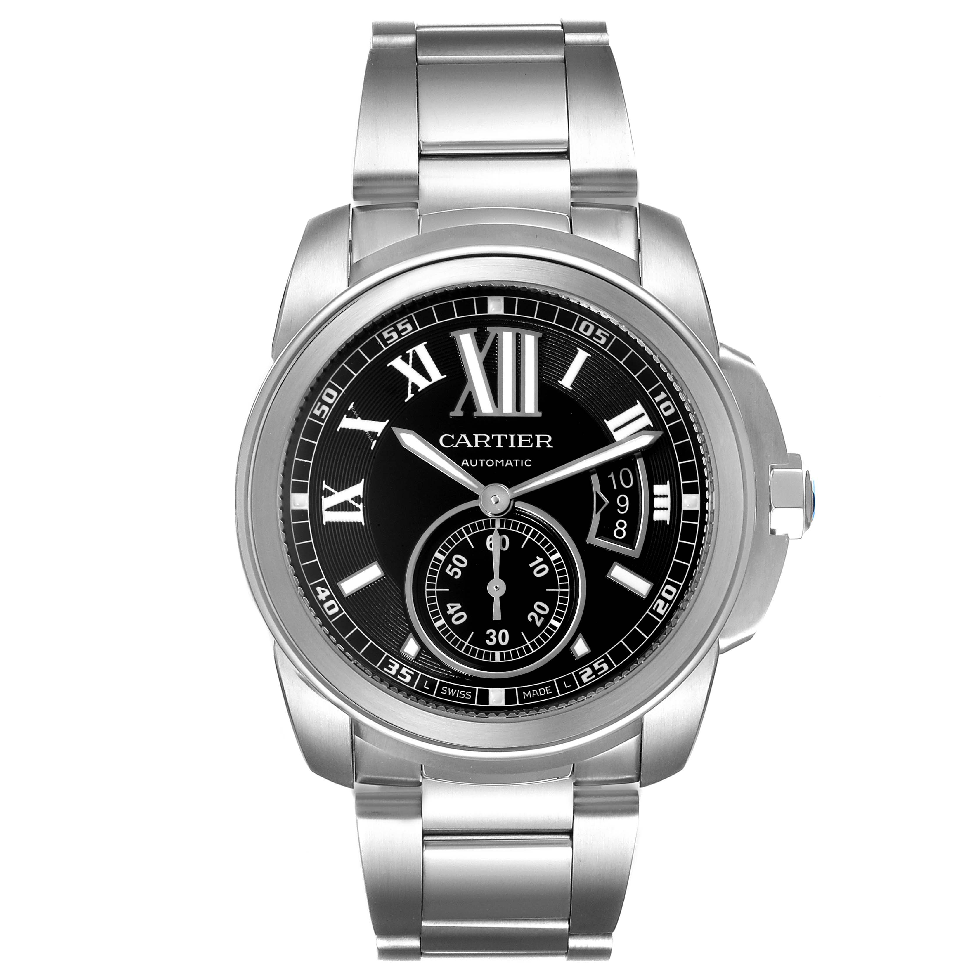 The image shows a frontal view of a Calibre de Cartier watch by Cartier, displaying the face, dial, hands, and metal bracelet.