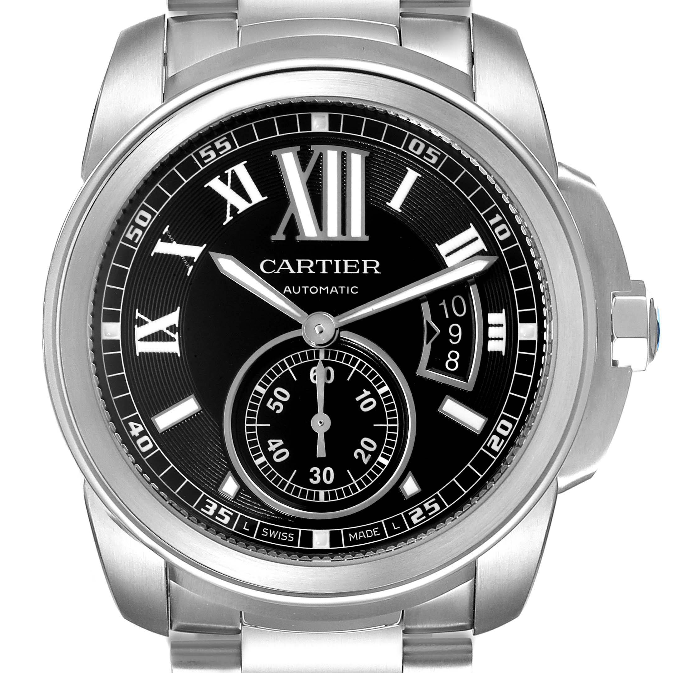 The image shows a frontal view of the Calibre de Cartier watch by Cartier, highlighting the black dial, Roman numerals, and date display.