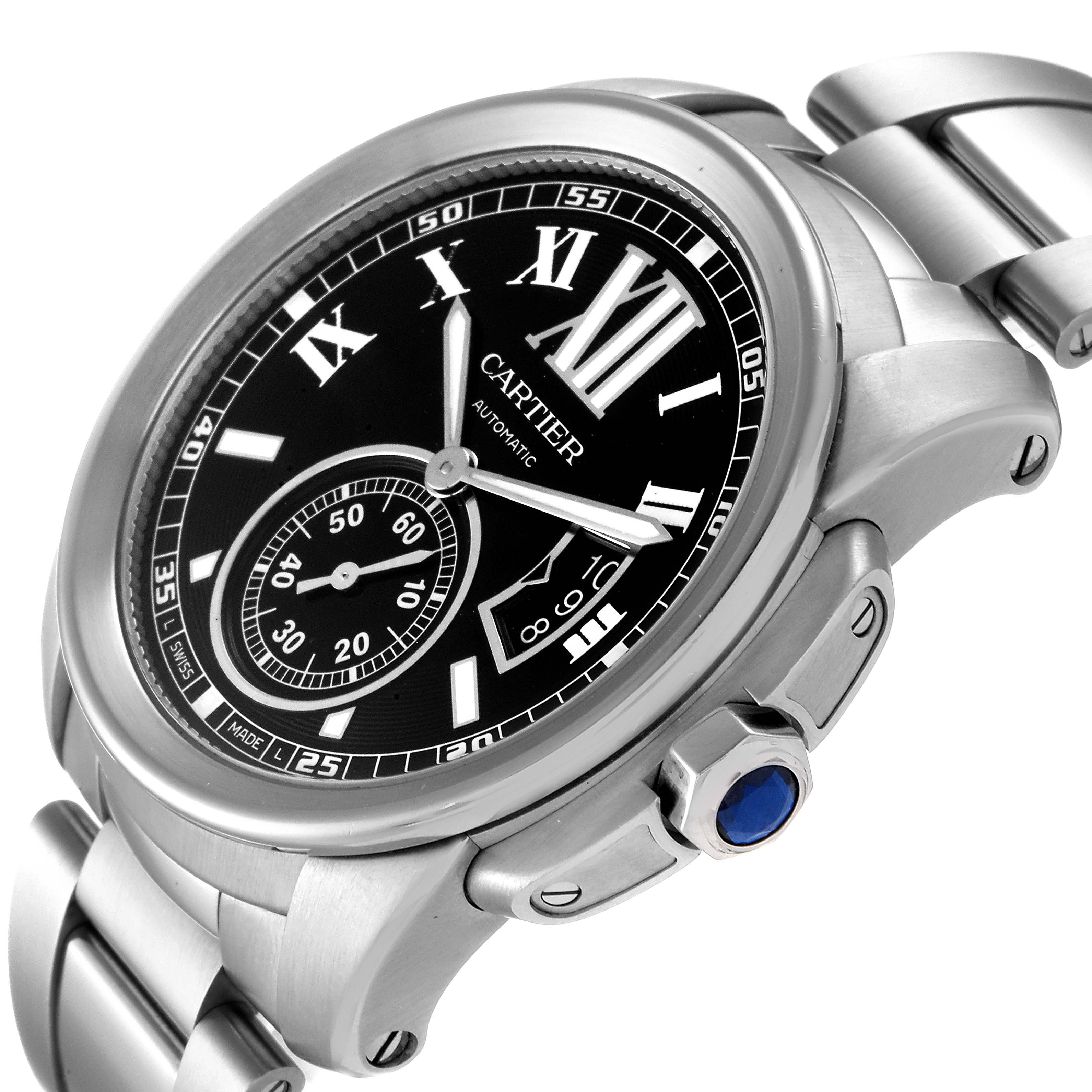 The image shows the face, crown, and part of the bracelet of a Calibre de Cartier watch by Cartier from a slight side angle.