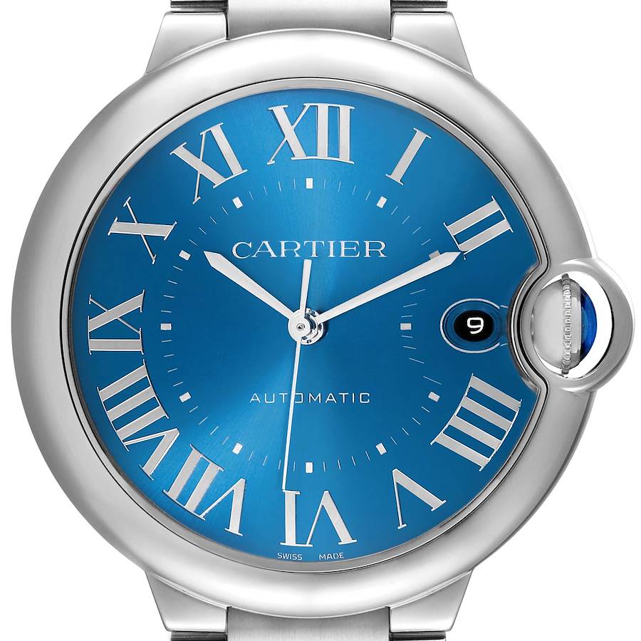 The Cartier Ballon Bleu WSBB0061 Men's Stainless Steel Blue Dial WSBB0061 Men's Stainless Steel Blue Dial watch is shown from a front view, highlighting its blue dial, Roman numerals, and cyclops lens over the date.