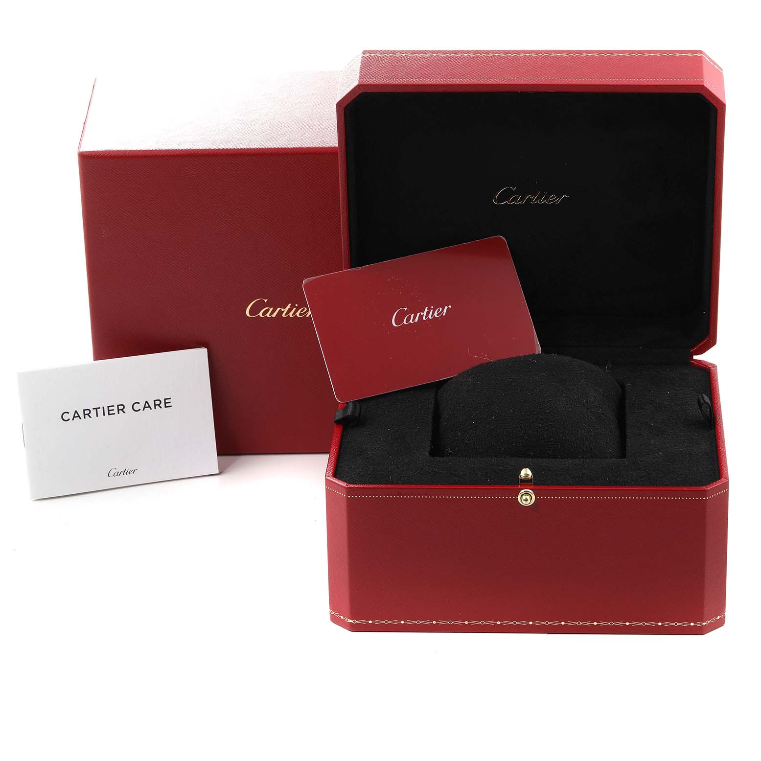 The image shows the packaging, including the box, Cartier care booklet, and card for the Ballon Bleu model by Cartier.