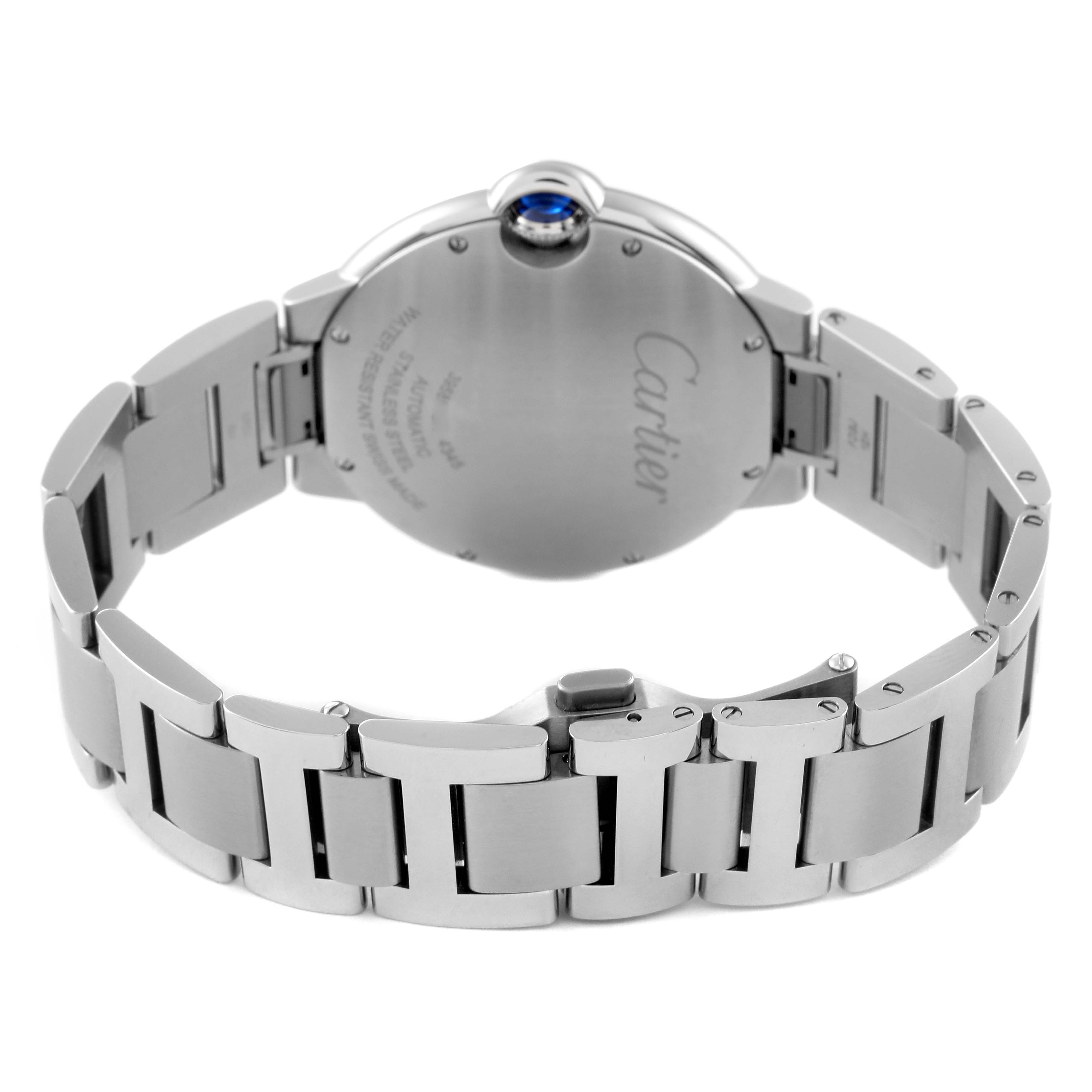 The image displays the back case and bracelet of a Cartier Ballon Bleu WSBB0061 Men's Stainless Steel Blue Dial WSBB0061 Men's Stainless Steel Blue Dial watch from a rear angle.