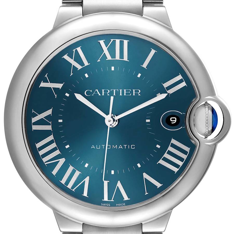 The Cartier Ballon Bleu WSBB0061 Men's Stainless Steel Blue Dial watch is shown from a front angle, highlighting its face, Roman numerals, and crown with a blue cabochon.