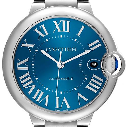 The image shows a front view of the Cartier Ballon Bleu WSBB0061 Men's Stainless Steel Blue Dial watch, highlighting the blue dial, Roman numerals, and date window.