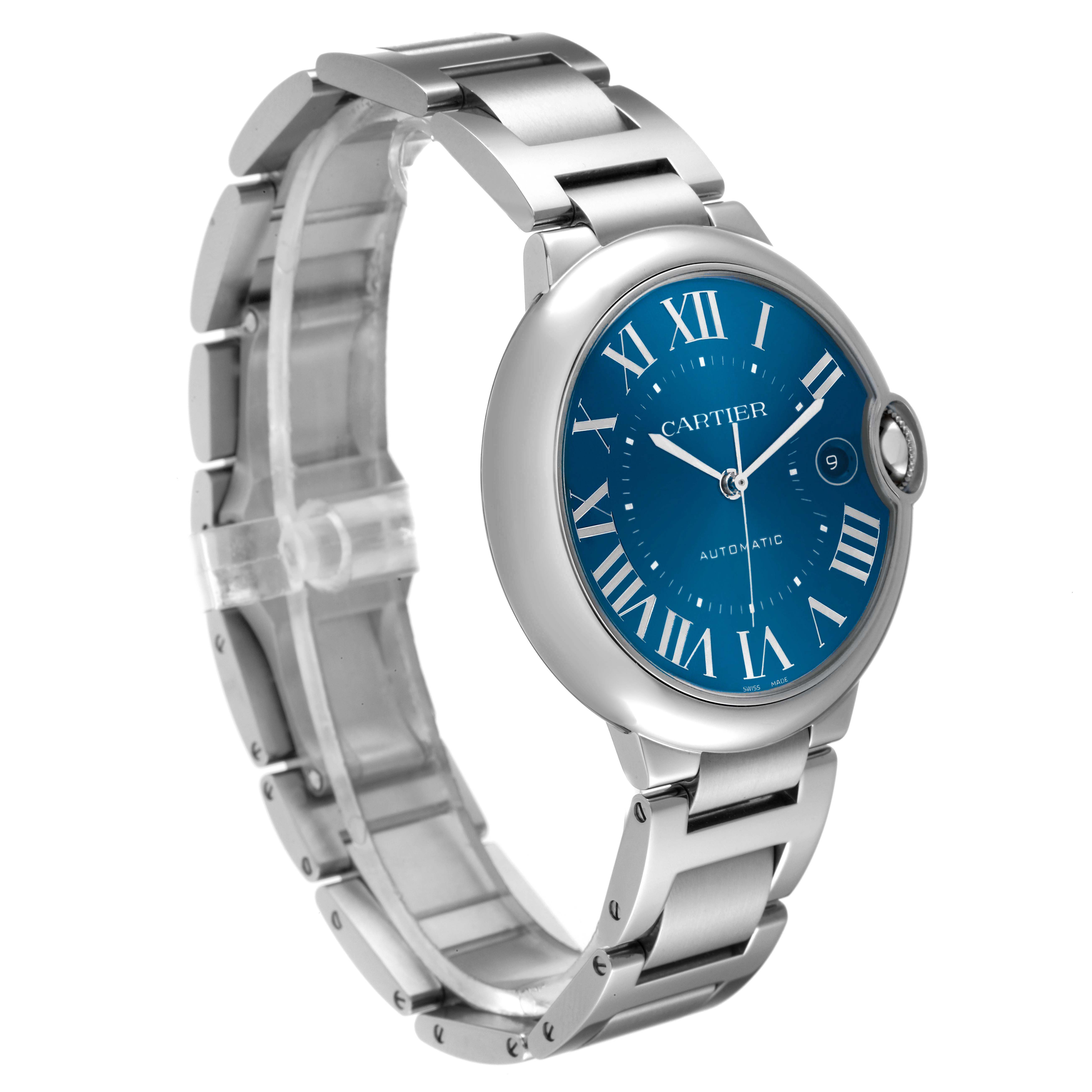 The Cartier Ballon Bleu WSBB0061 Men's Stainless Steel Blue Dial watch is shown at a three-quarter angle, showcasing its face, bracelet, and crown.