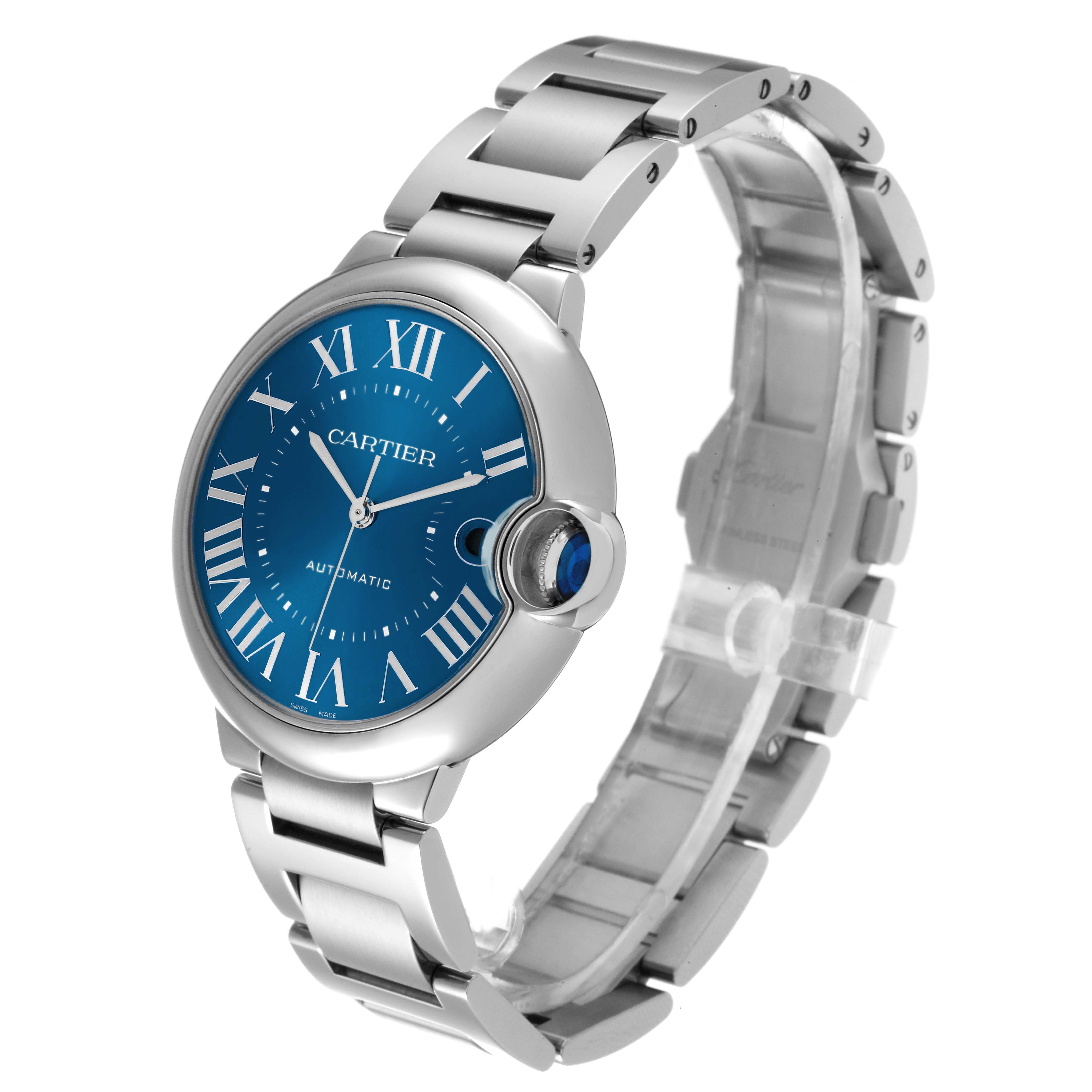 The Cartier Ballon Bleu WSBB0061 Men's Stainless Steel Blue Dial watch is shown at a three-quarter angle, highlighting the dial, bracelet, and crown.