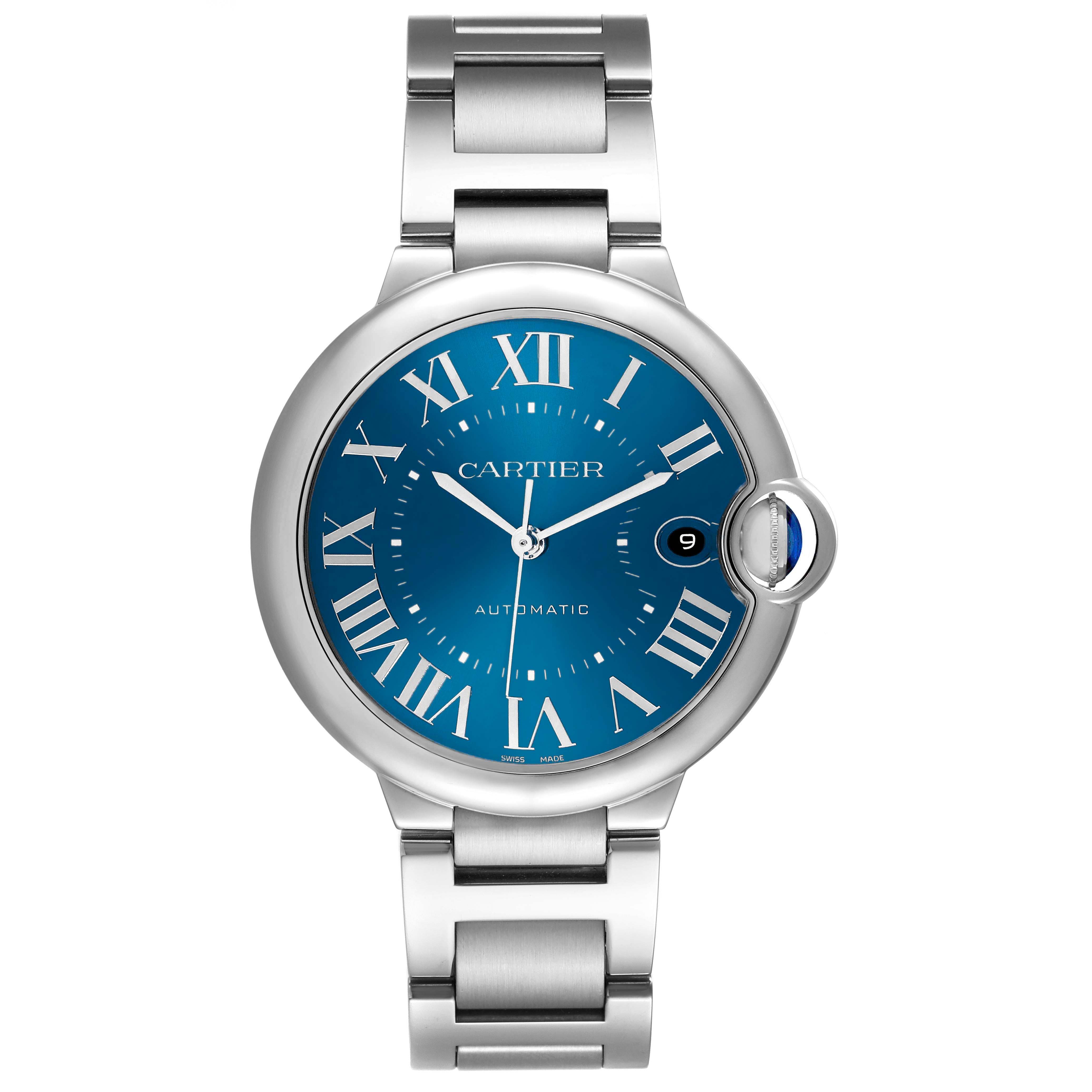 The Ballon Bleu by Cartier is shown from the front, highlighting the dial, Roman numerals, and polished bracelet.