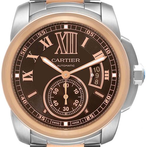 Photo of Cartier Calibre Brown Dial Rose Gold Steel Mens Watch W7100050 Box Card