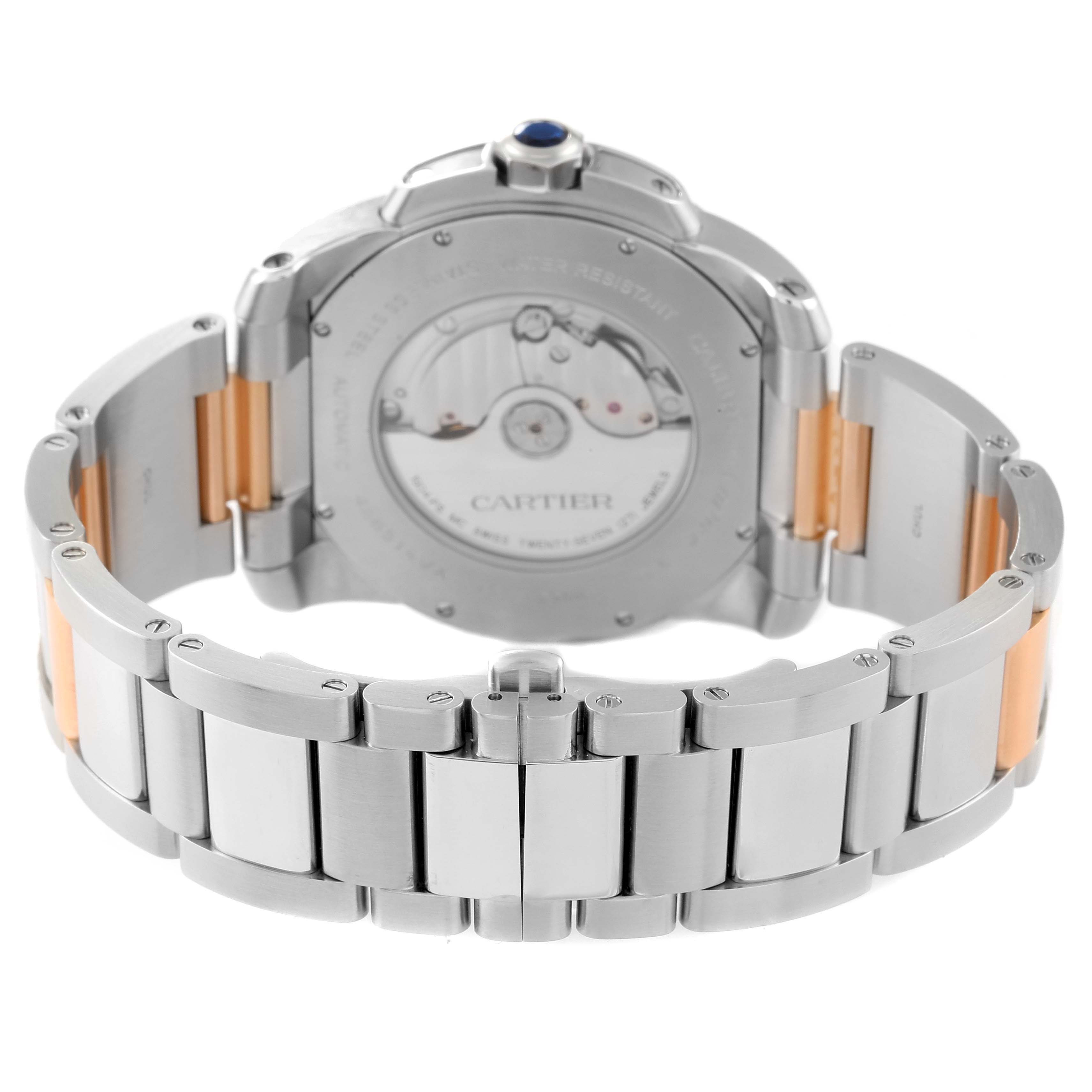 The image shows the back view of a Calibre de Cartier model by Cartier, highlighting its case back and bracelet.
