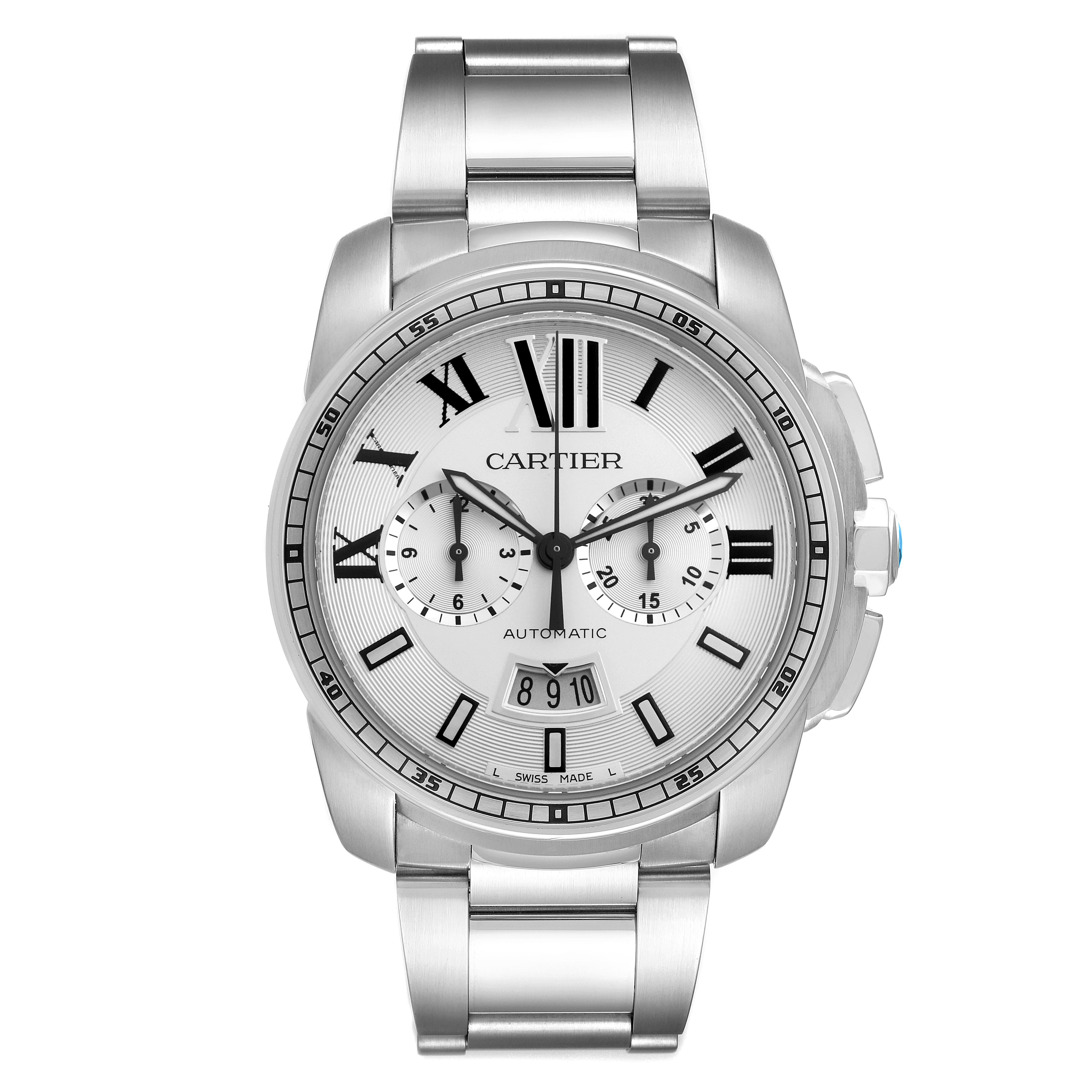 The Calibre de Cartier watch is shown from a front angle, displaying its face, chronograph subdials, and metal bracelet.