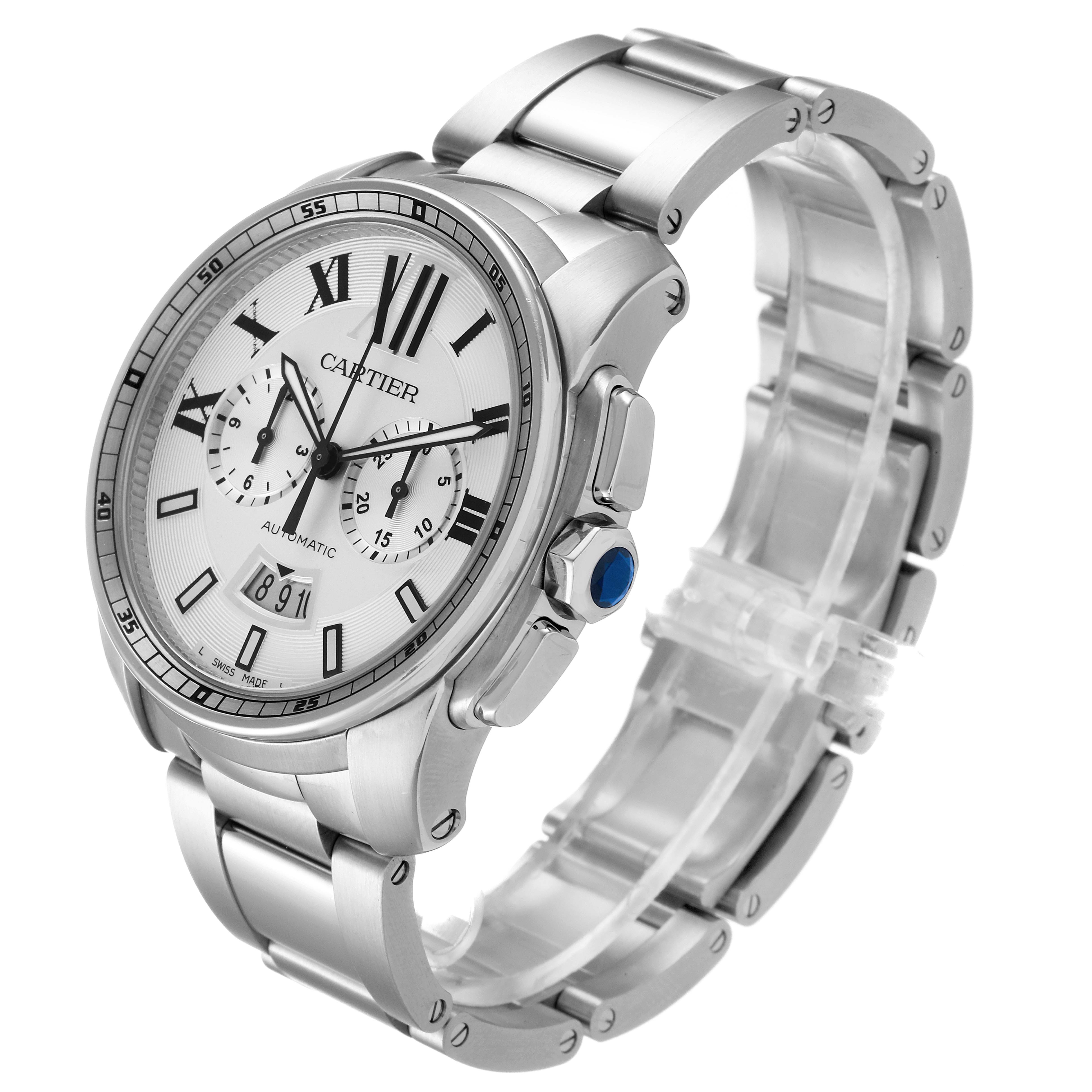 The image shows a side angle of the Calibre de Cartier watch by Cartier, highlighting the dial, bezel, crown, and metal bracelet.