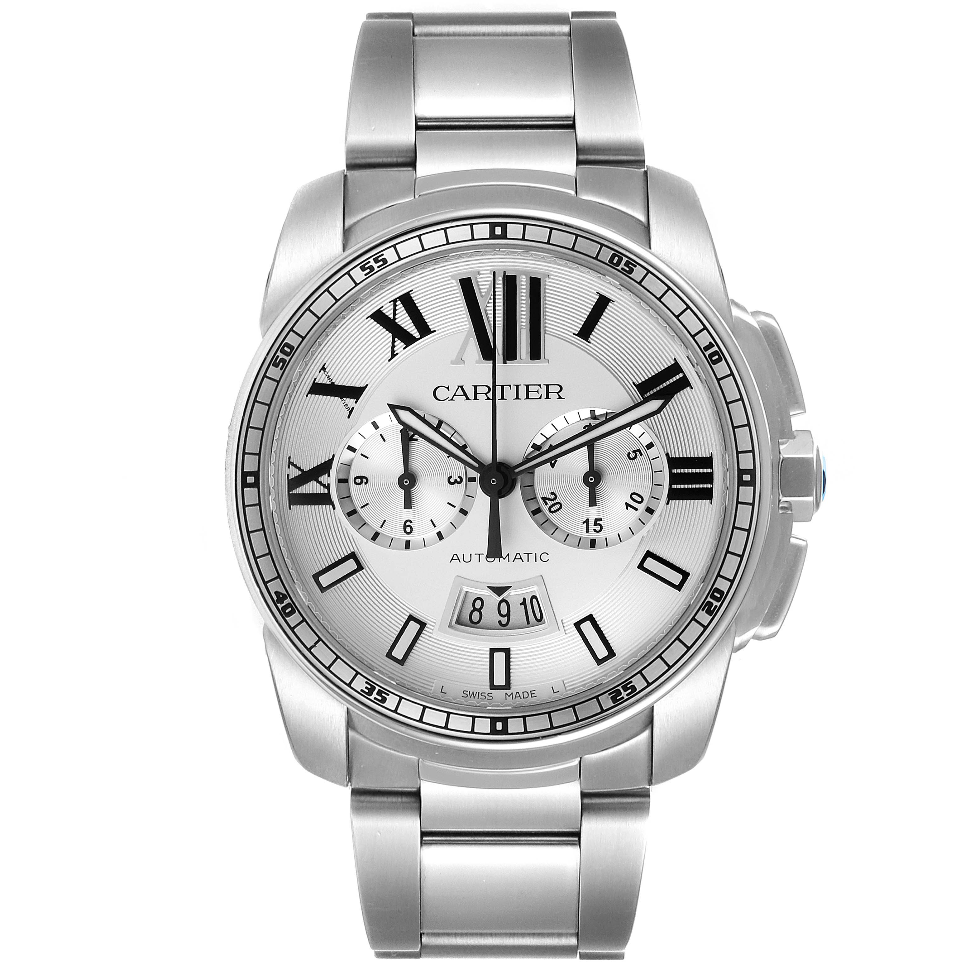 This image shows a frontal view of the Calibre de Cartier watch by Cartier, displaying its dial, hands, and stainless steel bracelet.