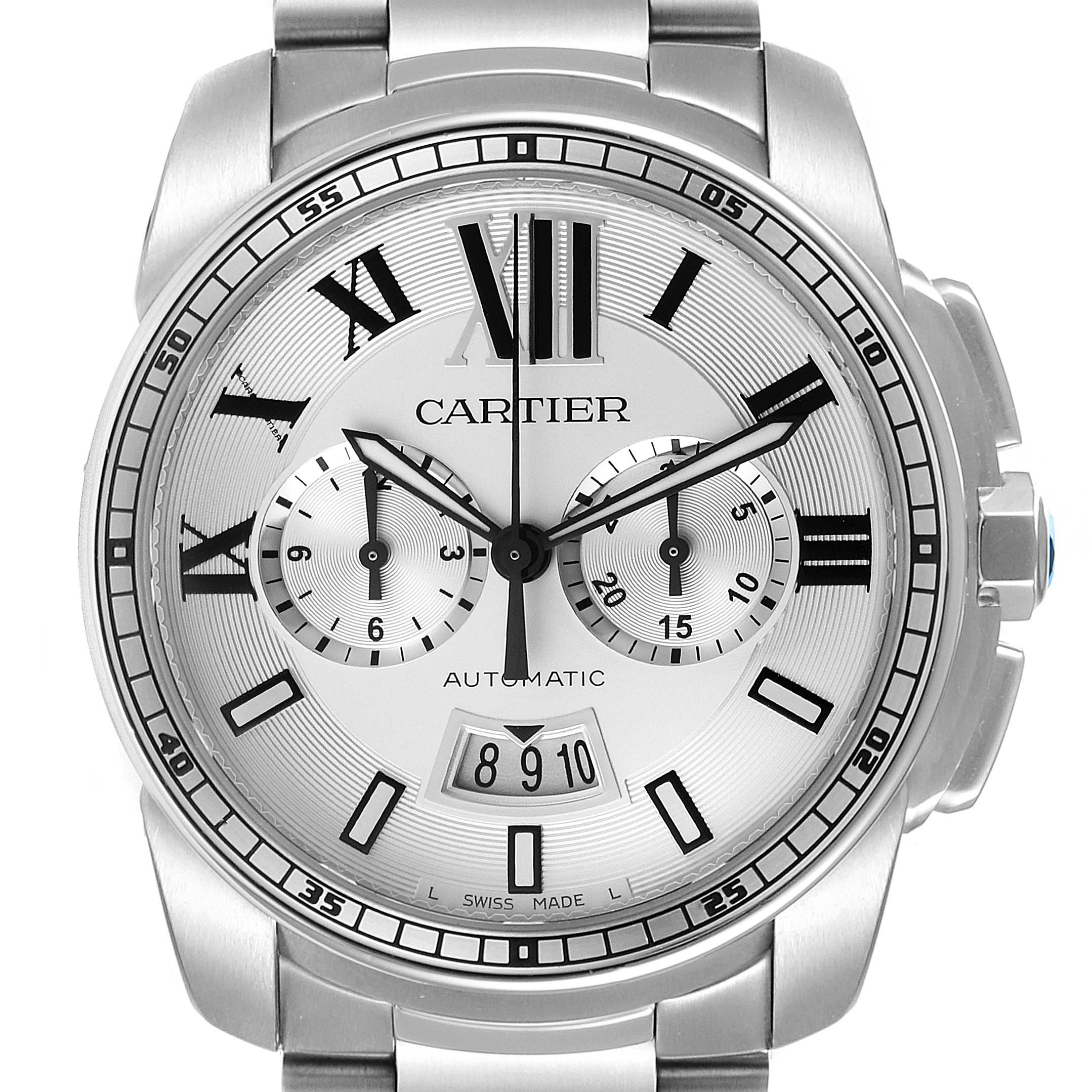 The image shows a frontal view of a Calibre de Cartier watch by Cartier, highlighting its dial, hands, subdials, and date window.