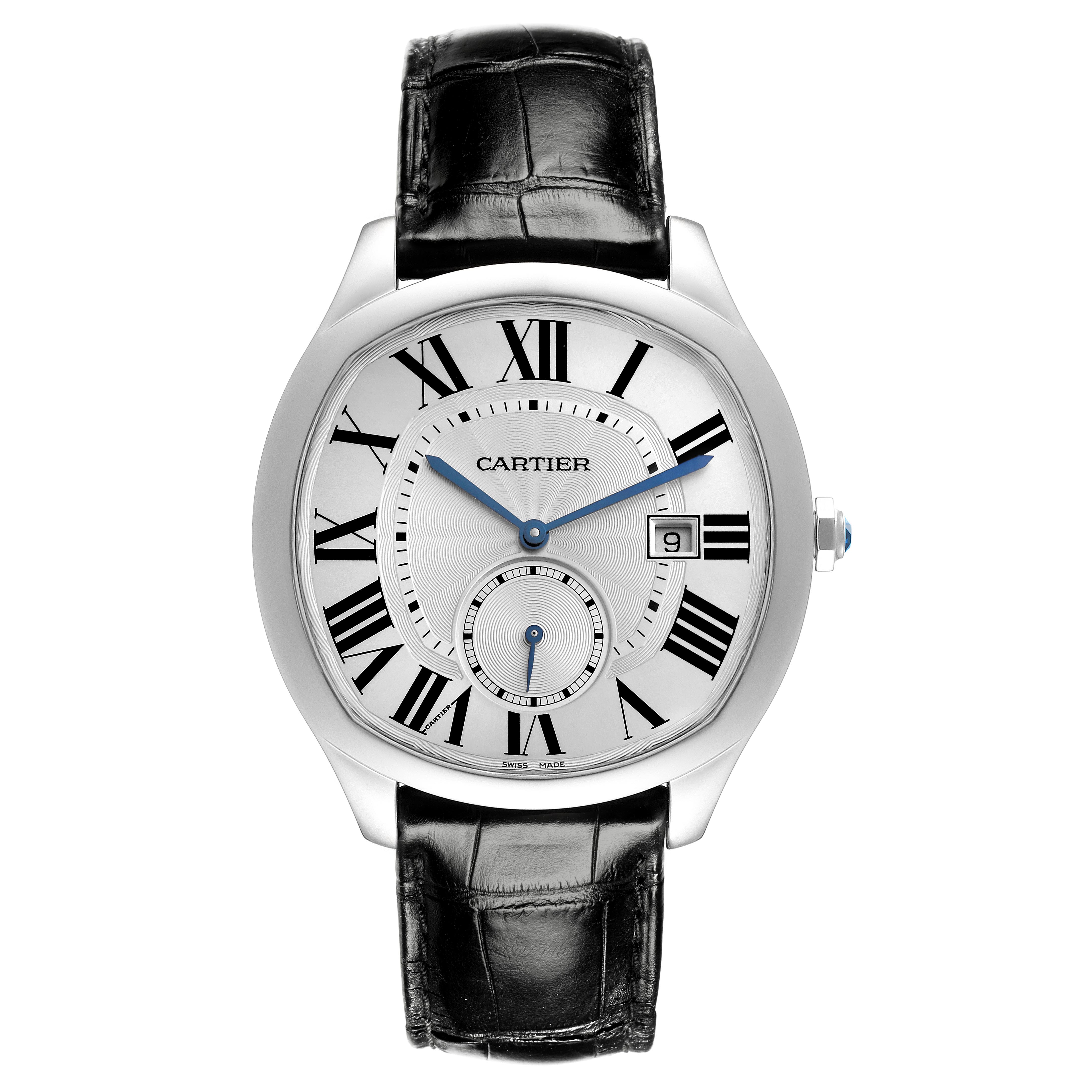 The Drive de Cartier watch is shown from a front angle, displaying its dial, Roman numerals, and leather strap.