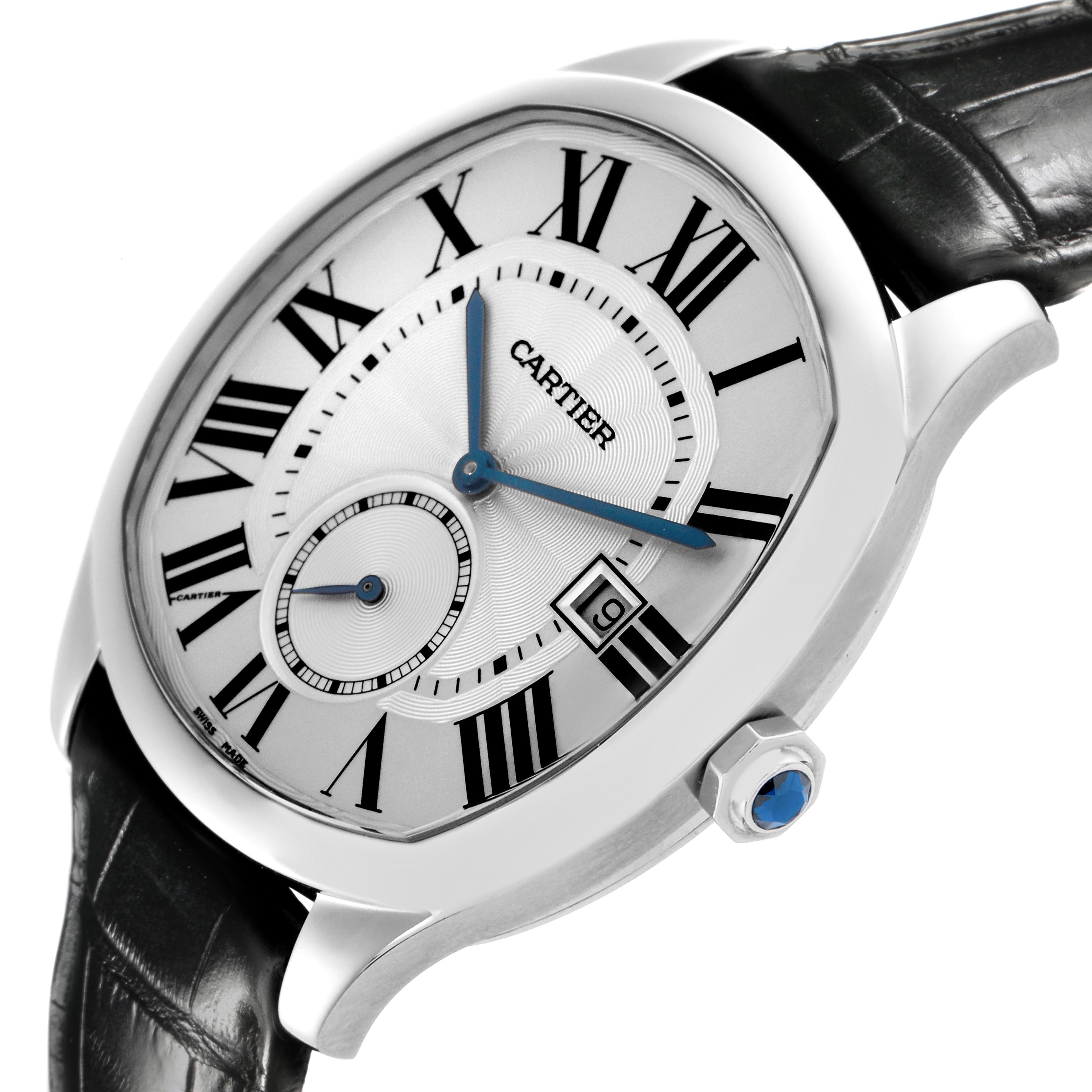 The Drive de Cartier watch is shown at a side angle, highlighting its dial, crown with a blue cabochon, and black leather strap.