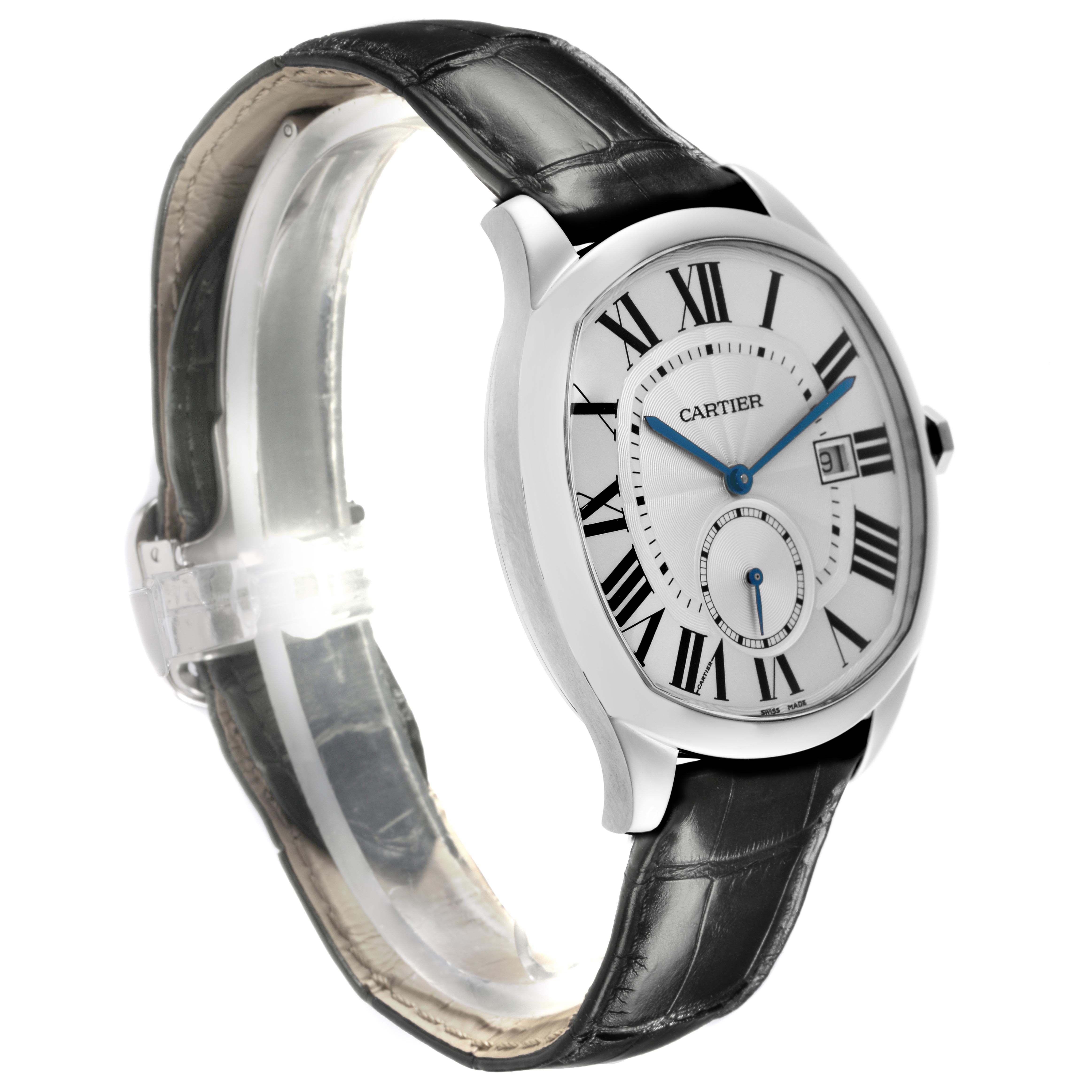 The Drive de Cartier watch is shown at a three-quarter angle, highlighting its face, Roman numerals, and leather strap.
