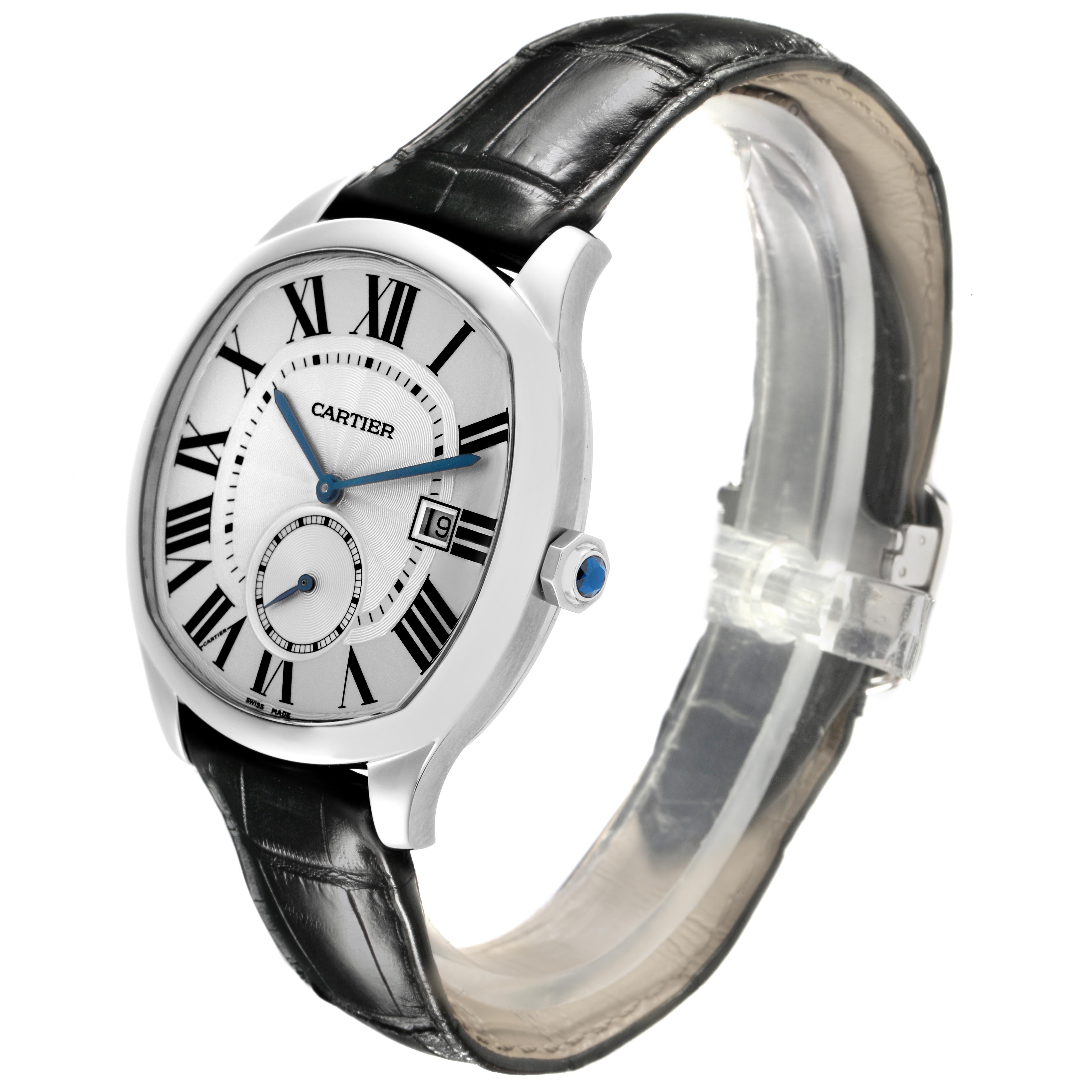 The Drive de Cartier watch is shown at an angled view, highlighting the dial, crown, and leather strap.