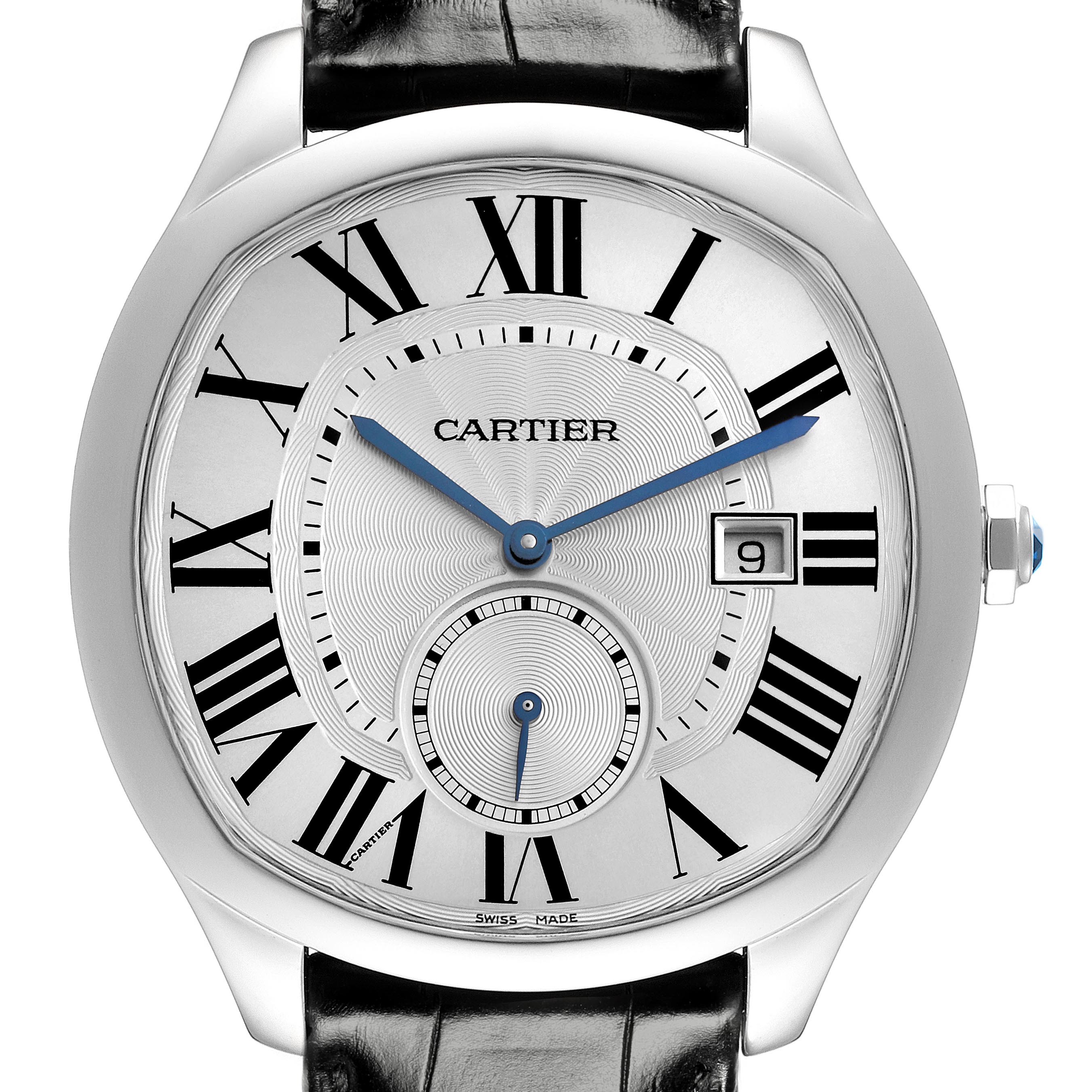 The image shows a front view of the Drive de Cartier watch, highlighting the dial, Roman numerals, date window, and blue hands.