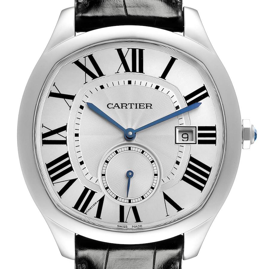 The image shows a front view of the Drive de Cartier watch, highlighting the dial, Roman numerals, date window, and blue hands.