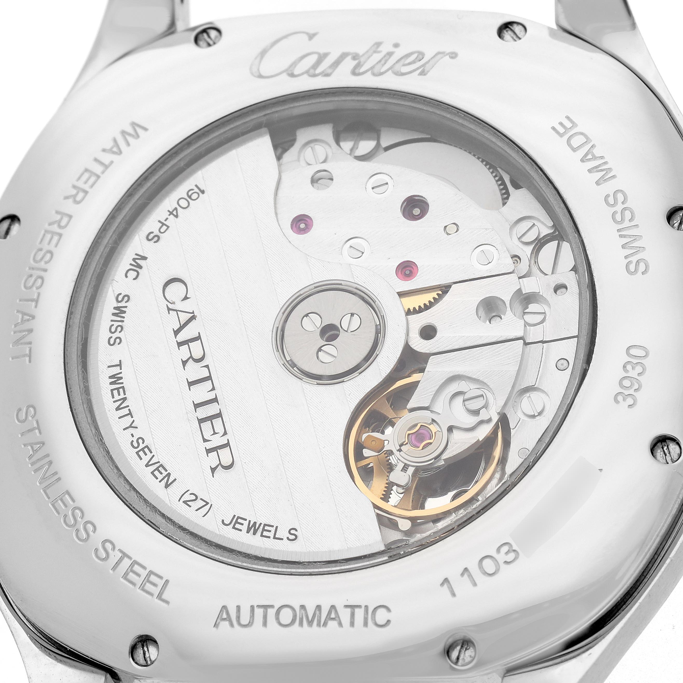 The image shows the back of a Drive de Cartier watch by Cartier, highlighting its automatic movement and internal mechanics.