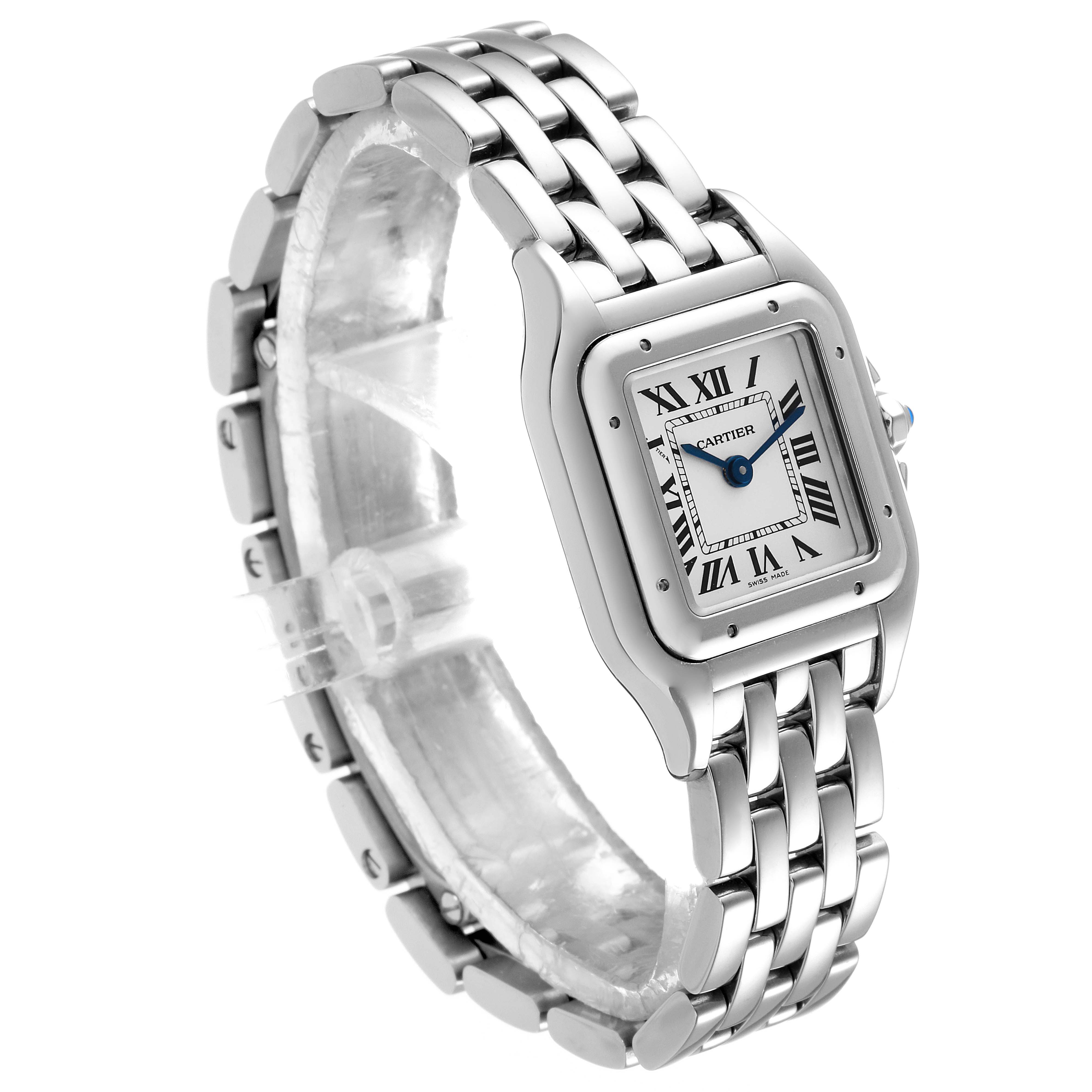The Cartier Panthere WSPN0006 Women's Stainless Steel Silver Dial WSPN0006 Women's Stainless Steel Silver Dial watch is shown at a three-quarter angle, highlighting its face, bracelet, and Roman numeral dial.