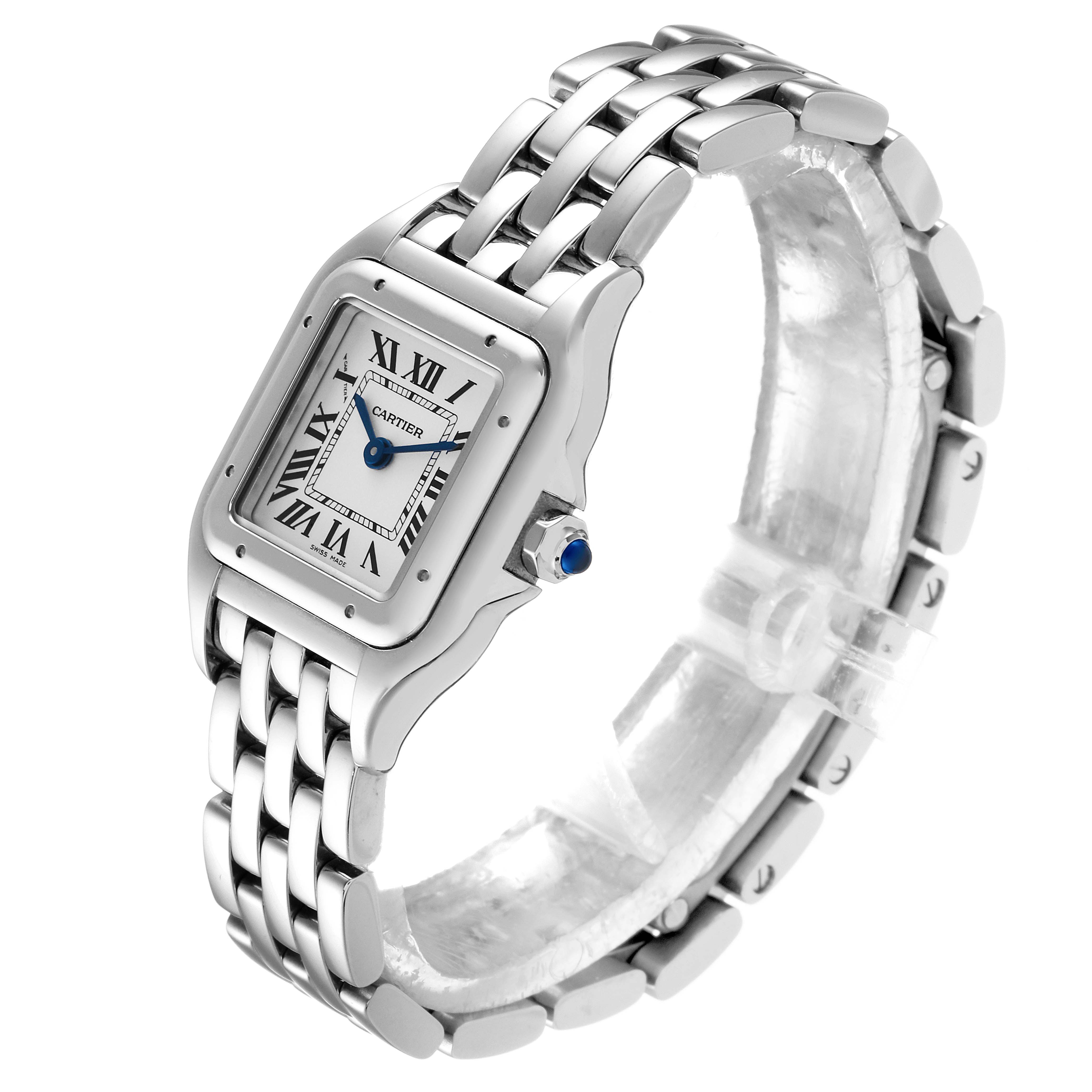 This image shows a Cartier Panthere WSPN0006 Women's Stainless Steel Silver Dial WSPN0006 Women's Stainless Steel Silver Dial watch from an angled side view, highlighting its face, band, and crown.
