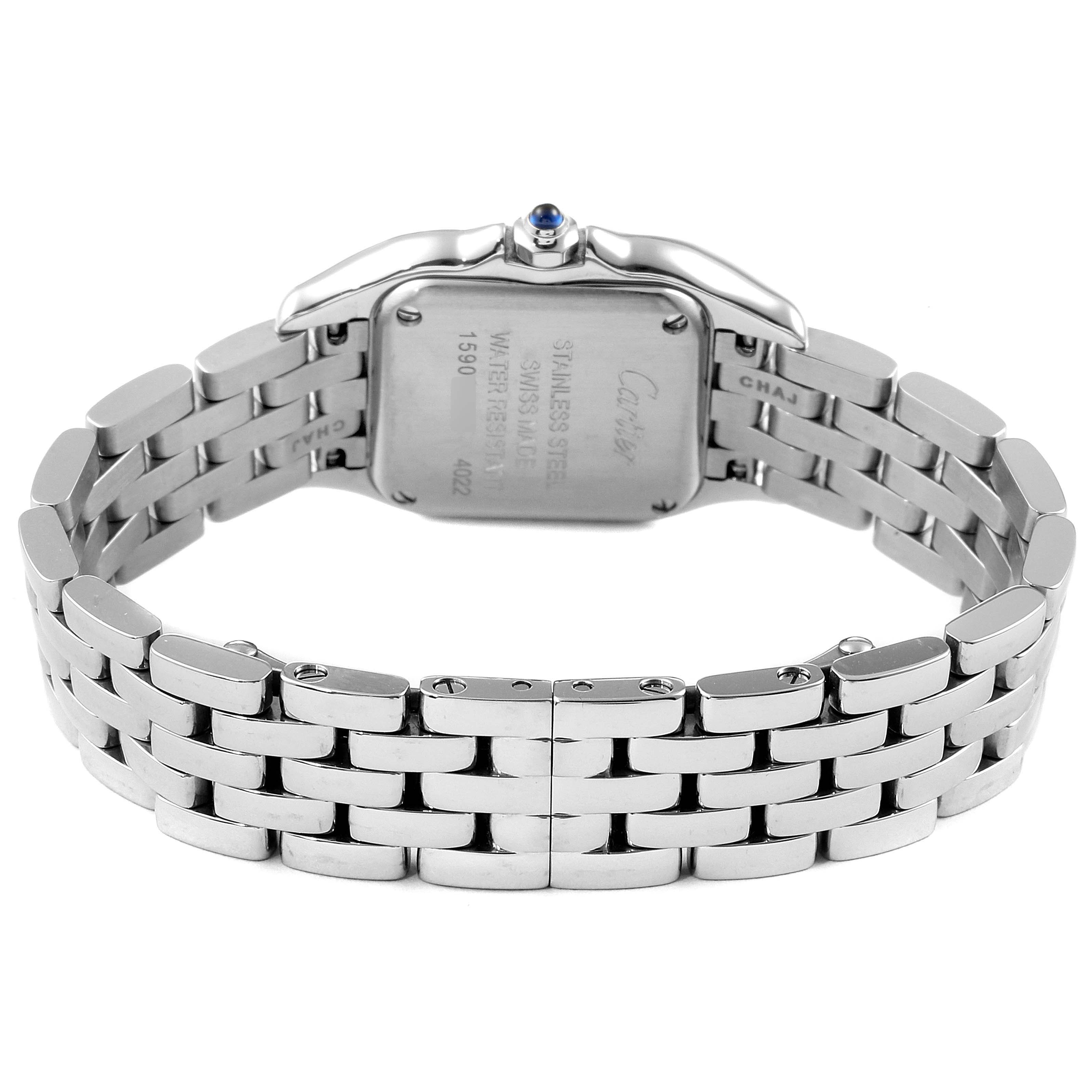 The image shows the back view of the Cartier Panthere WSPN0006 Women's Stainless Steel Silver Dial WSPN0006 Women's Stainless Steel Silver Dial watch, highlighting the stainless steel bracelet and case back.