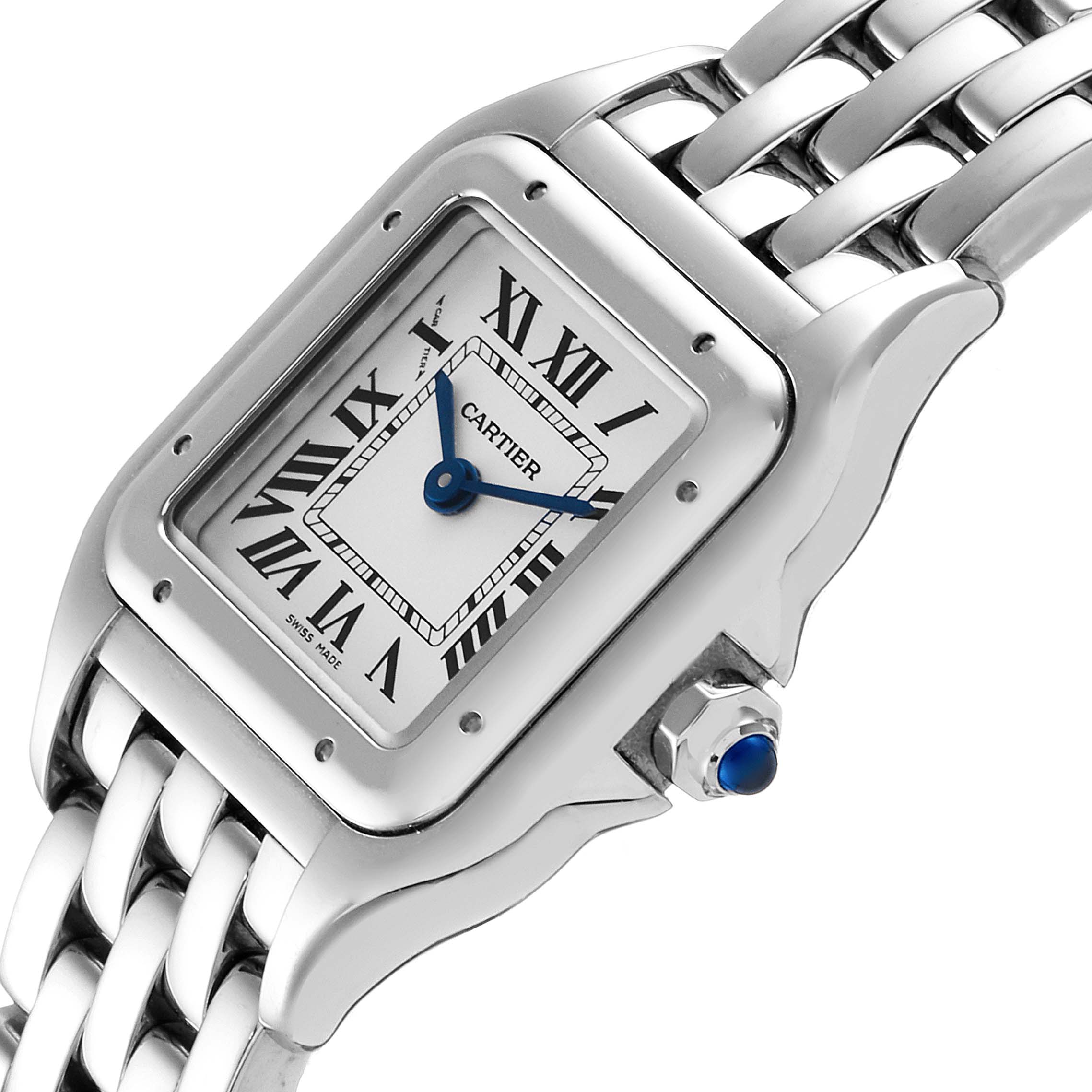 This image shows a Cartier Panthere WSPN0006 Women's Stainless Steel Silver Dial WSPN0006 Women's Stainless Steel Silver Dial watch from an angled close-up, highlighting the face, bezel, and part of the bracelet.