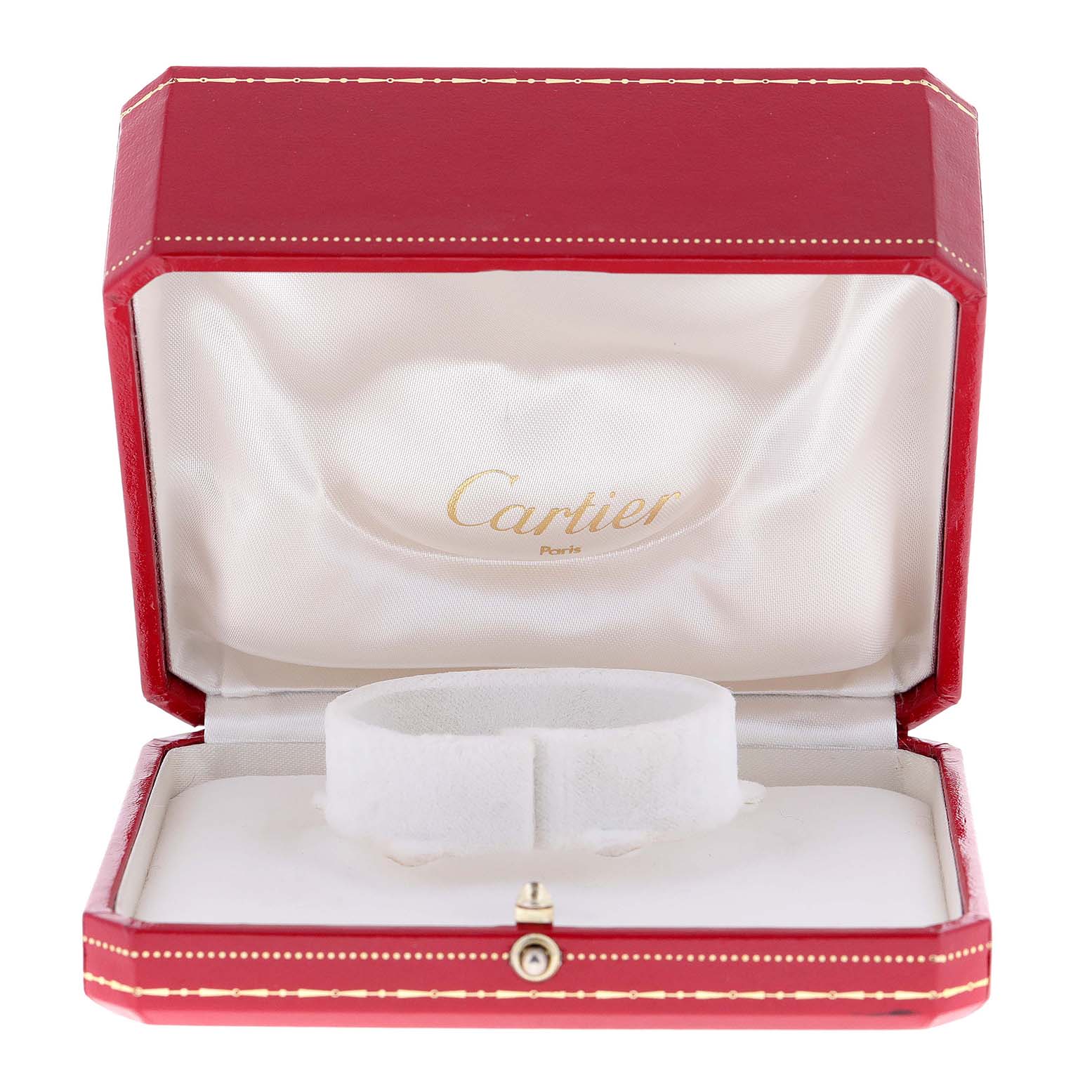 This image shows the Cartier Panthere WSPN0006 Women's Stainless Steel Silver Dial WSPN0006 Women's Stainless Steel Silver Dial watch box open, revealing its white cushioned interior without the watch.