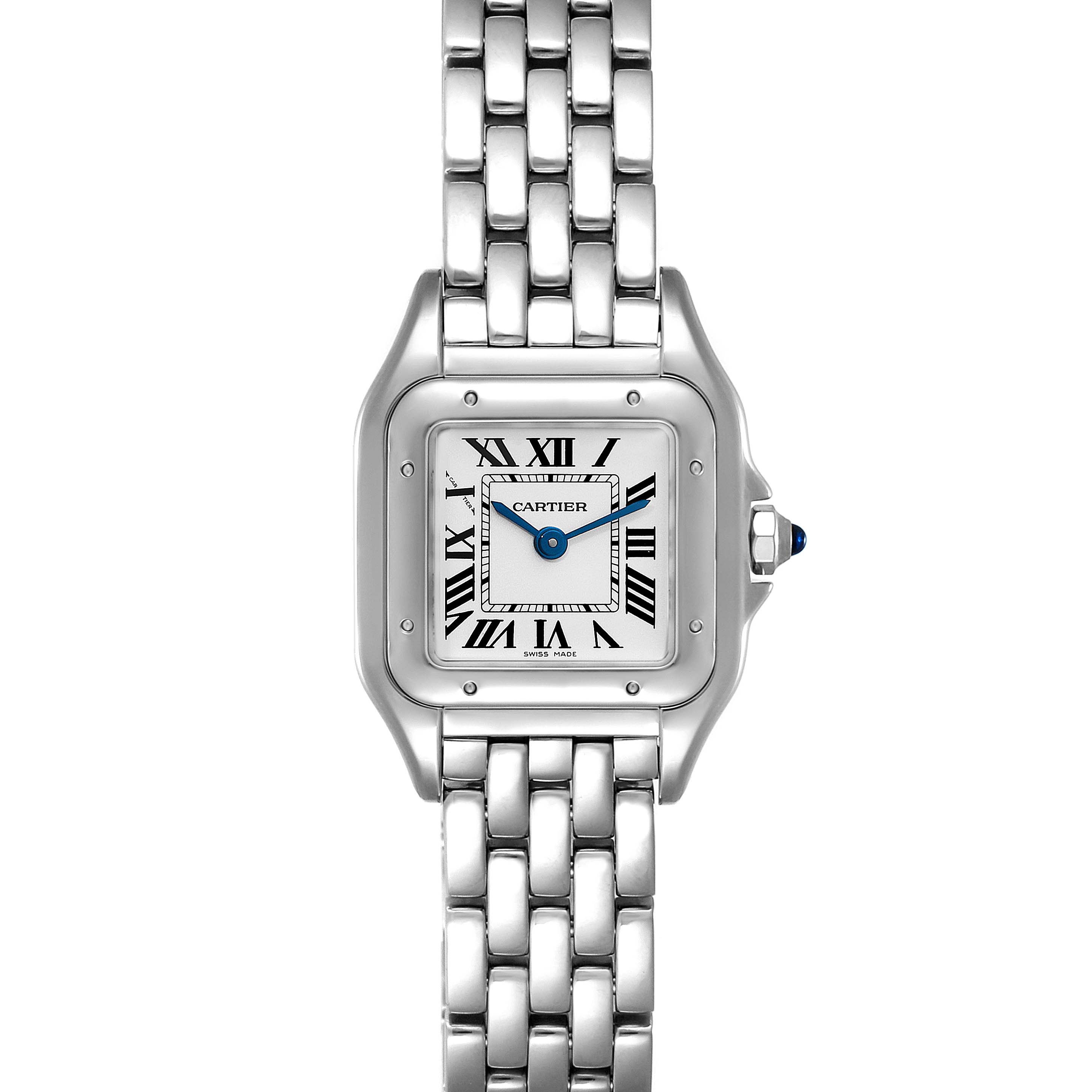The image shows a Cartier Panthere WSPN0006 Women's Stainless Steel Silver Dial WSPN0006 Women's Stainless Steel Silver Dial watch from the front, featuring its bracelet, square case, and face with Roman numerals.