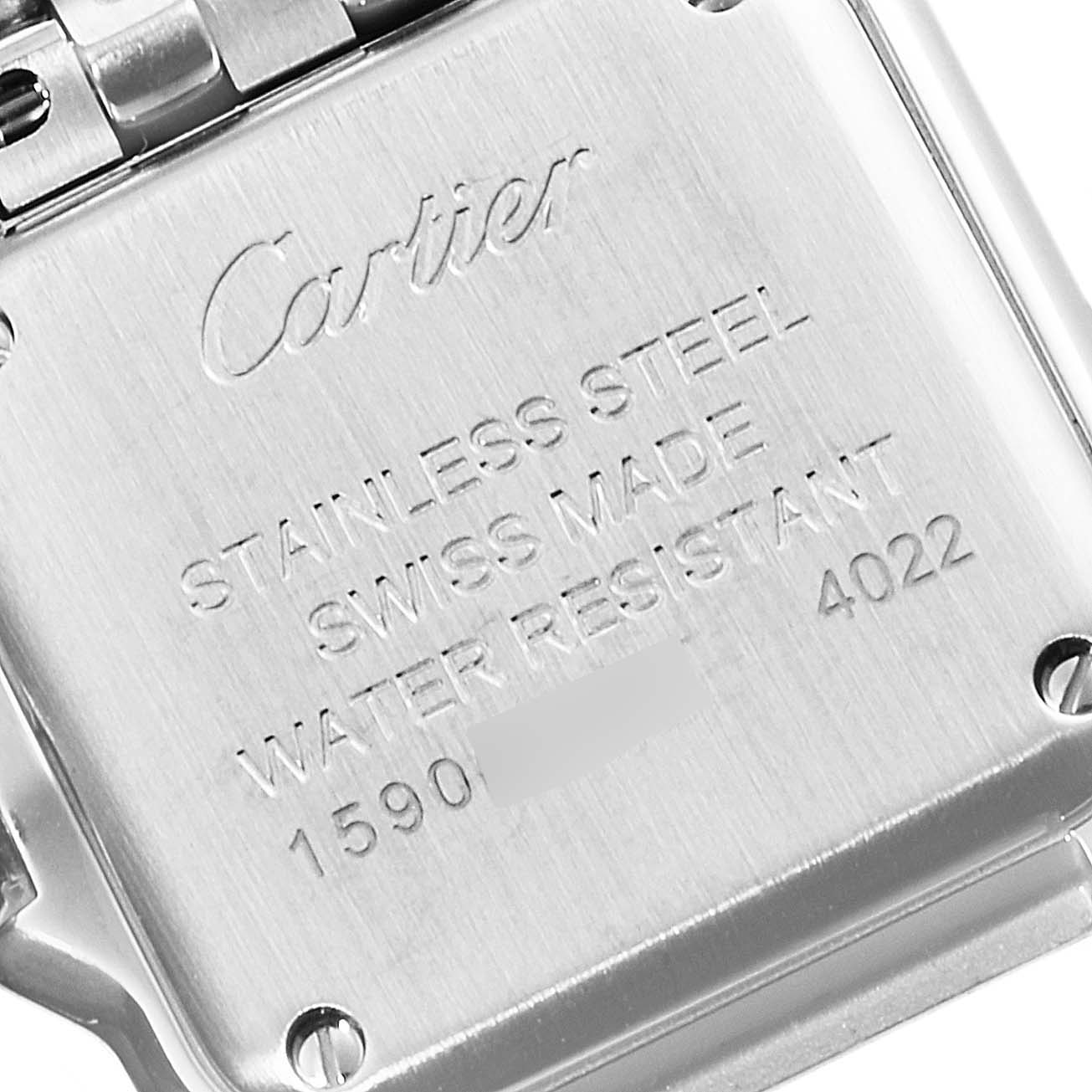 The image shows the stainless steel back casing of the Cartier Panthere WSPN0006 Women's Stainless Steel Silver Dial WSPN0006 Women's Stainless Steel Silver Dial watch, highlighting the brand's engraving details.