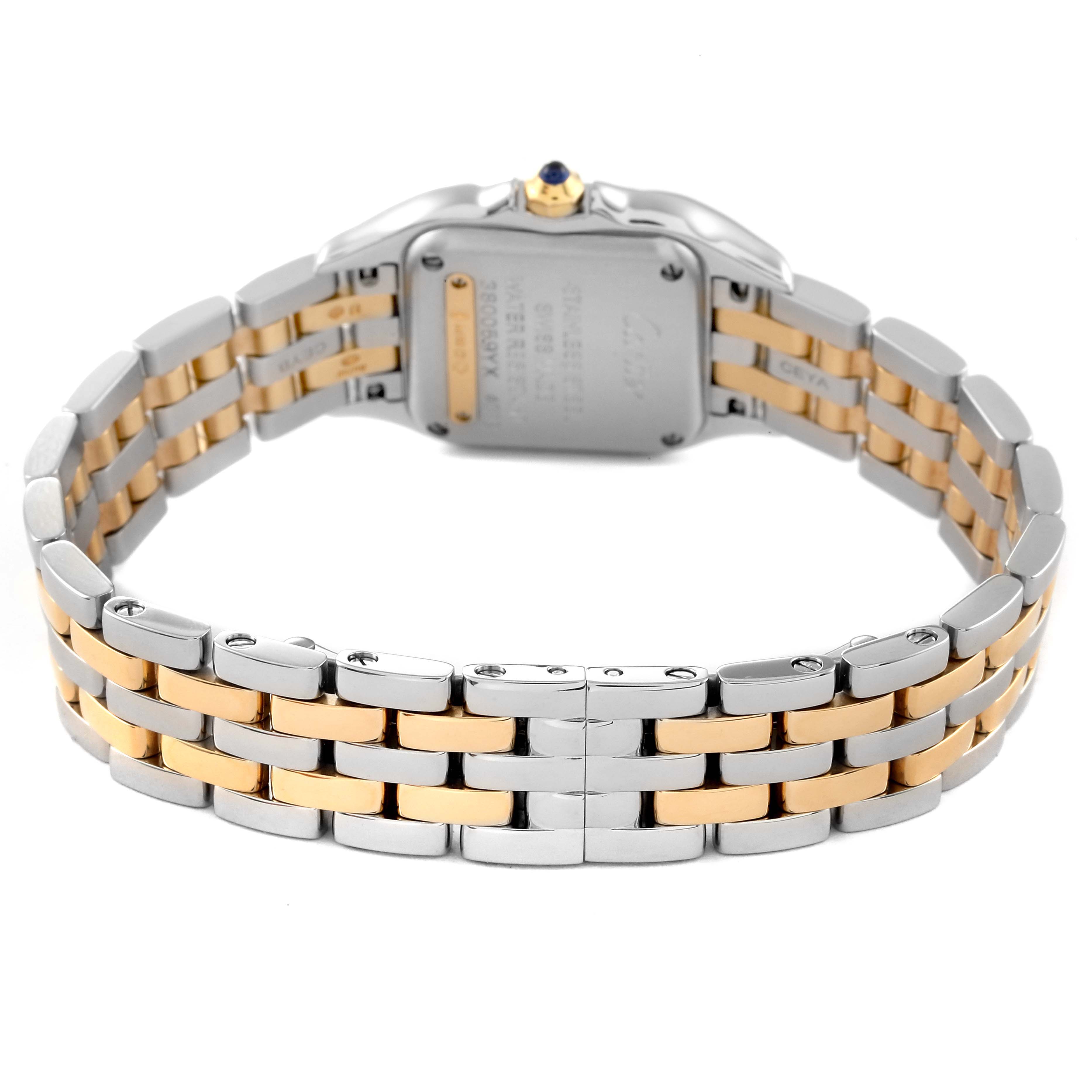 This image shows the back view of the Cartier Panthere W2PN0006 Women's Steel and Gold (two tone) Silver Dial W2PN0006 Women's Steel and Gold (two tone) Silver Dial watch, highlighting its two-tone bracelet and case back.