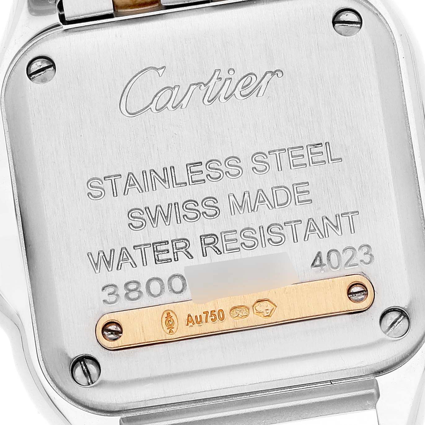 The image shows the back case of a Panthère de Cartier watch, highlighting its stainless steel construction and water resistance.