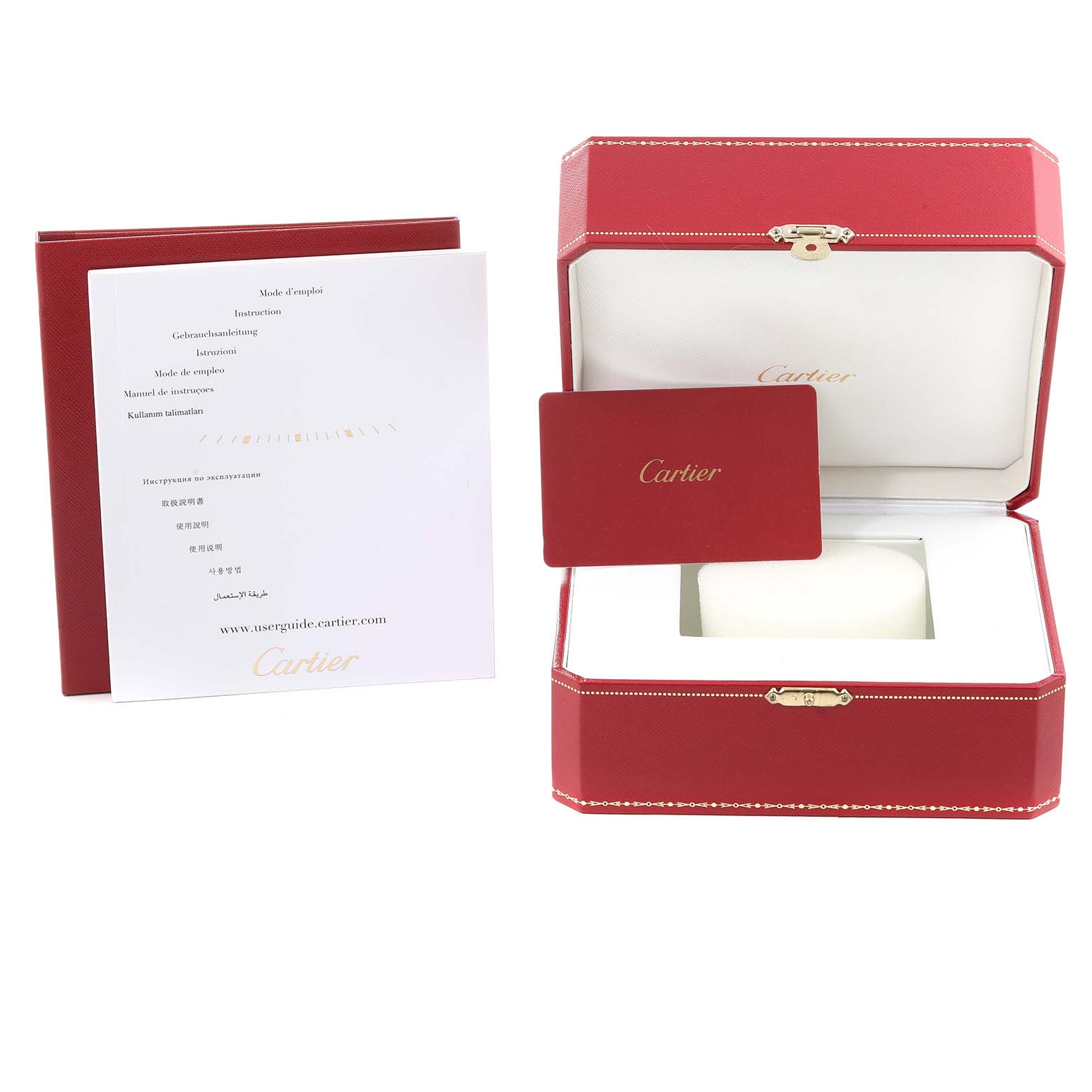 The image shows the Cartier Panthere W2PN0006 Women's Steel and Gold (two tone) Silver Dial W2PN0006 Women's Steel and Gold (two tone) Silver Dial watch's red box, interior cushion, warranty card, and instruction manuals.