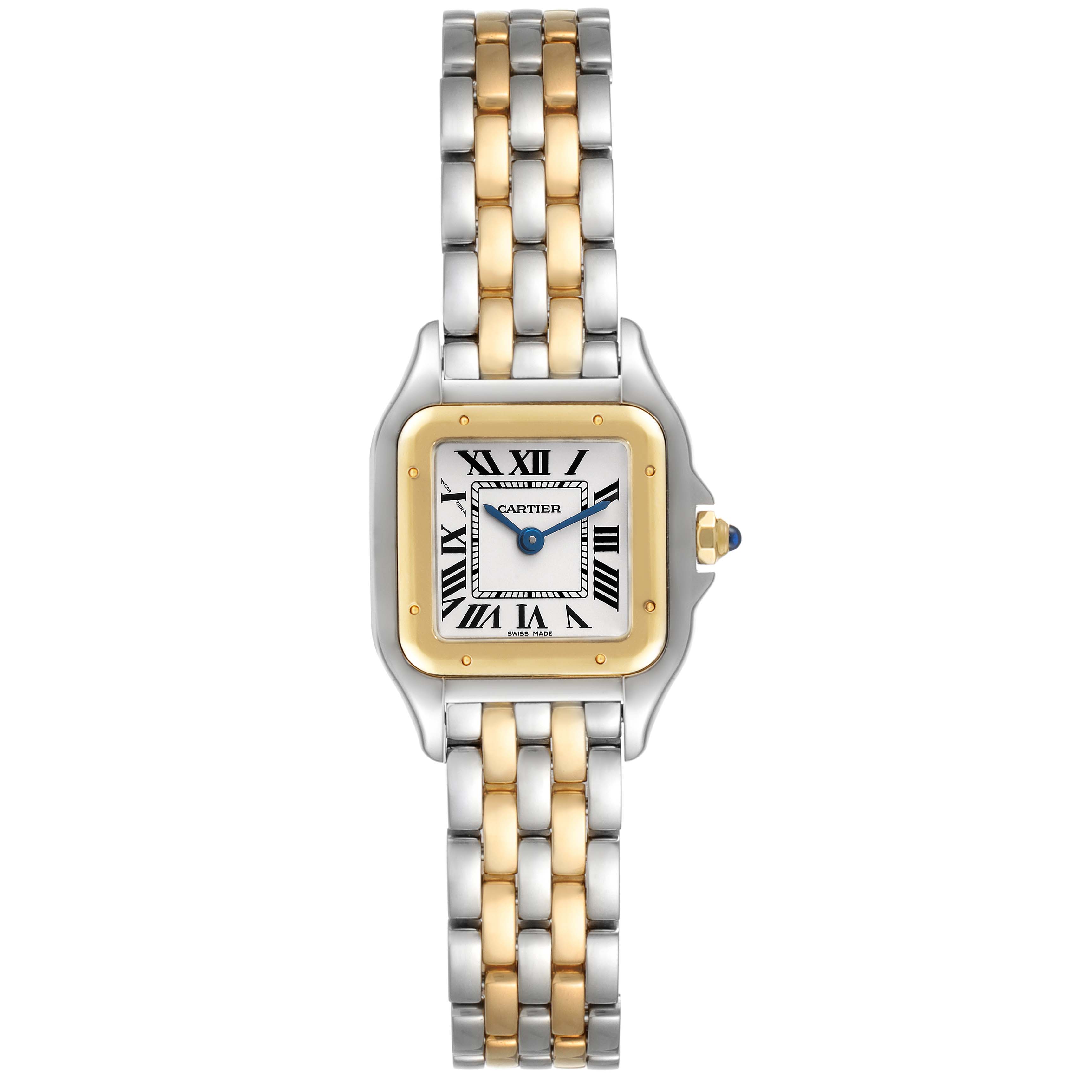The Cartier Panthere W2PN0006 Women's Steel and Gold (two tone) Silver Dial W2PN0006 Women's Steel and Gold (two tone) Silver Dial model watch is shown from the front, displaying its face, bezel, and bicolor metal bracelet.