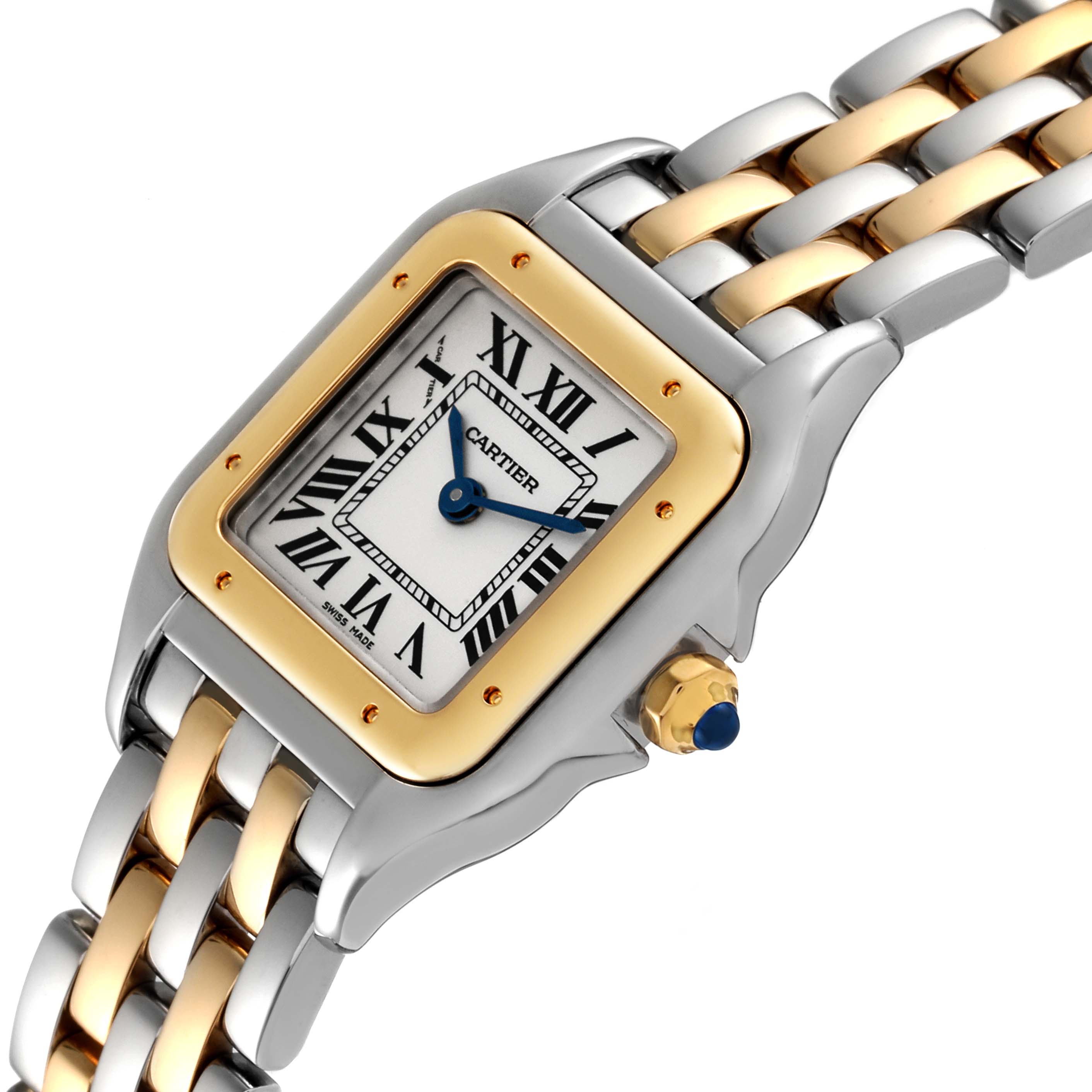 The image shows a close-up angle of the Cartier Panthere W2PN0006 Women's Steel and Gold (two tone) Silver Dial W2PN0006 Women's Steel and Gold (two tone) Silver Dial watch, highlighting its face, bezel, and part of the two-tone bracelet.