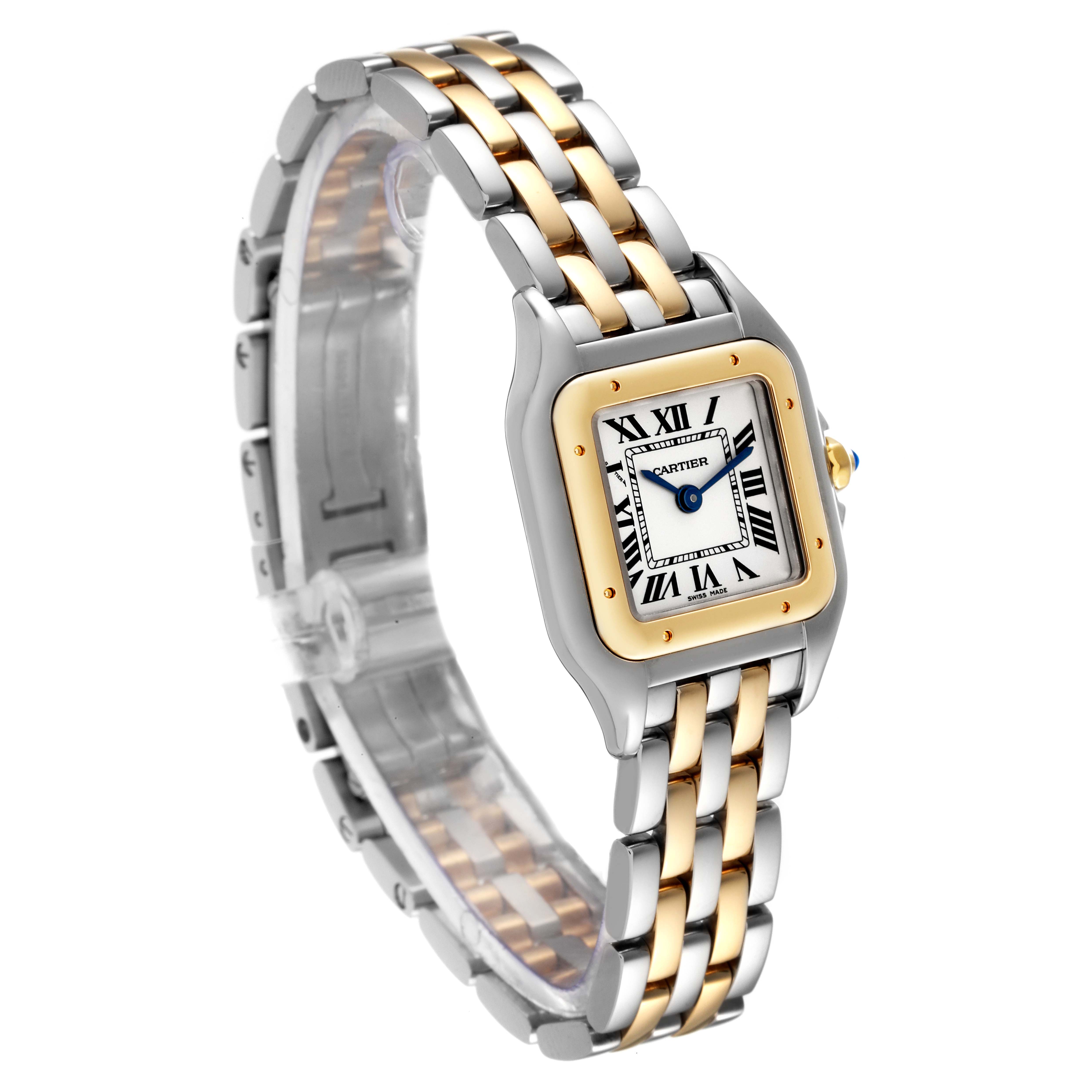 The image shows a Cartier Panthere W2PN0006 Women's Steel and Gold (two tone) Silver Dial W2PN0006 Women's Steel and Gold (two tone) Silver Dial model watch at a three-quarter angle, highlighting the face and two-tone bracelet.