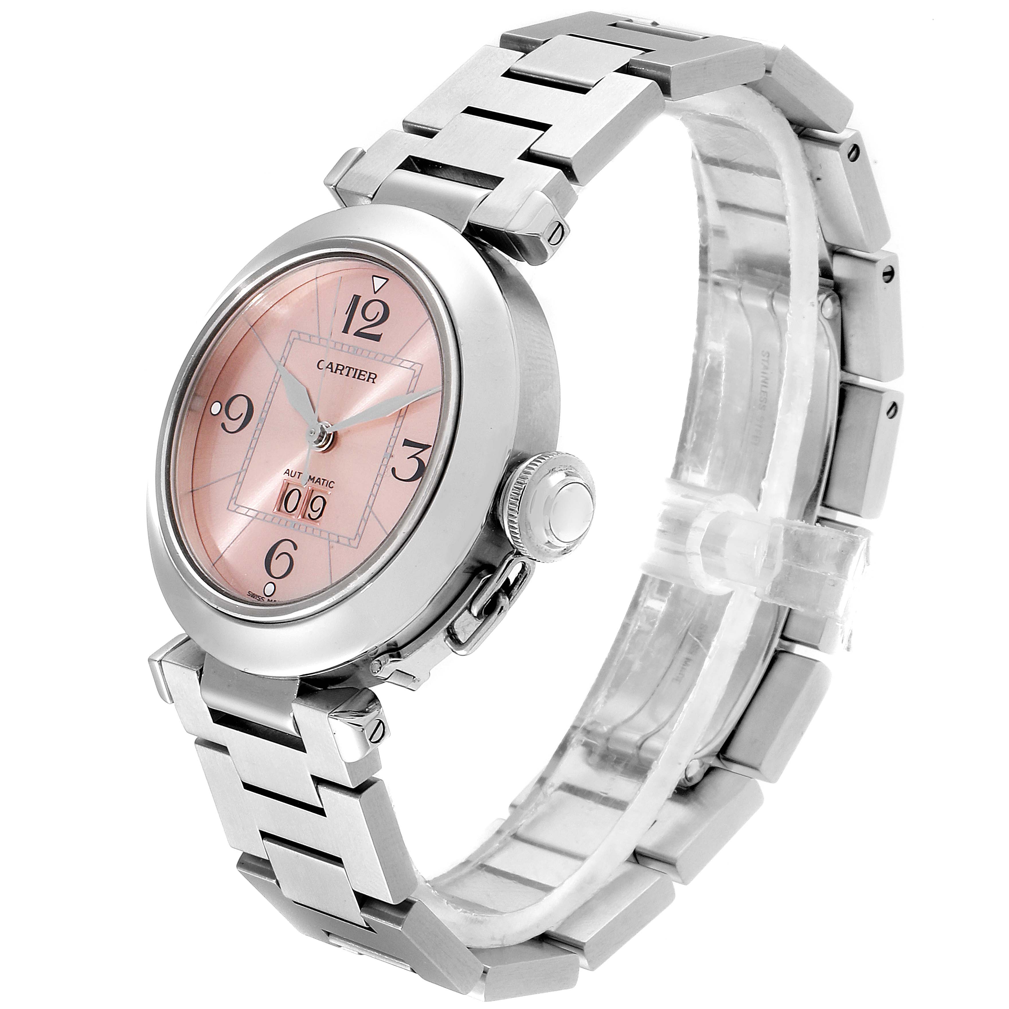 The Cartier Pasha W31058M7 Women
s Stainless Steel Pink Dial W31058M7 Women
s Stainless Steel Pink Dial watch is shown at a three-quarter angle, displaying the face, case, bracelet, and crown.