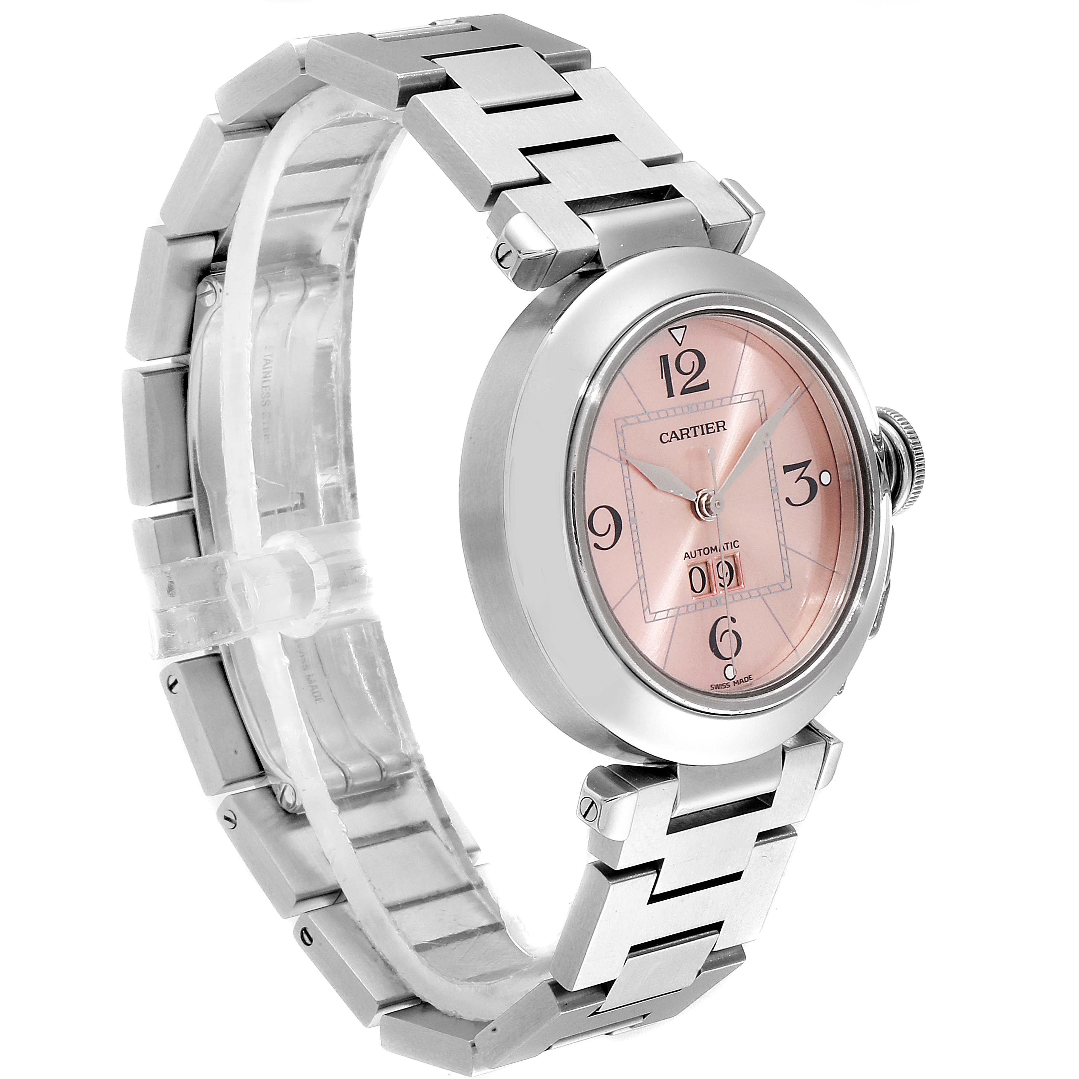 The image shows a Cartier Pasha W31058M7 Women
s Stainless Steel Pink Dial W31058M7 Women
s Stainless Steel Pink Dial watch with a pink dial, viewed at a slight angle highlighting the face and bracelet.
