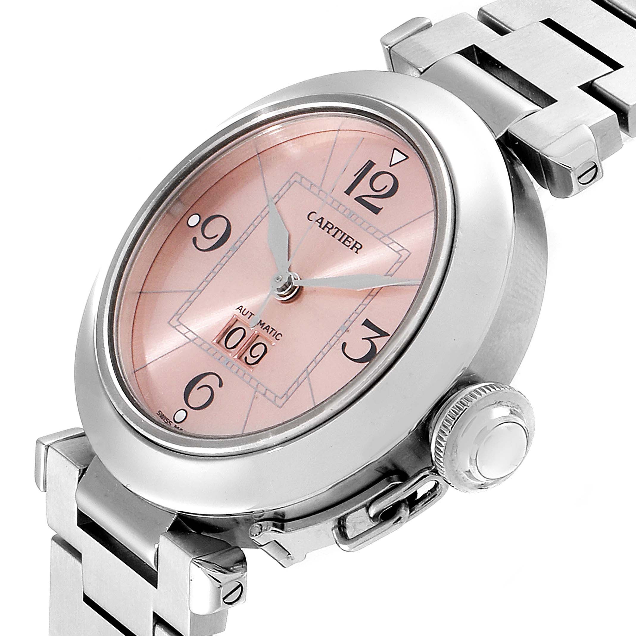 This image shows a Cartier Pasha W31058M7 Women
s Stainless Steel Pink Dial W31058M7 Women
s Stainless Steel Pink Dial watch from a three-quarter angle, highlighting the face, crown, and part of the bracelet.