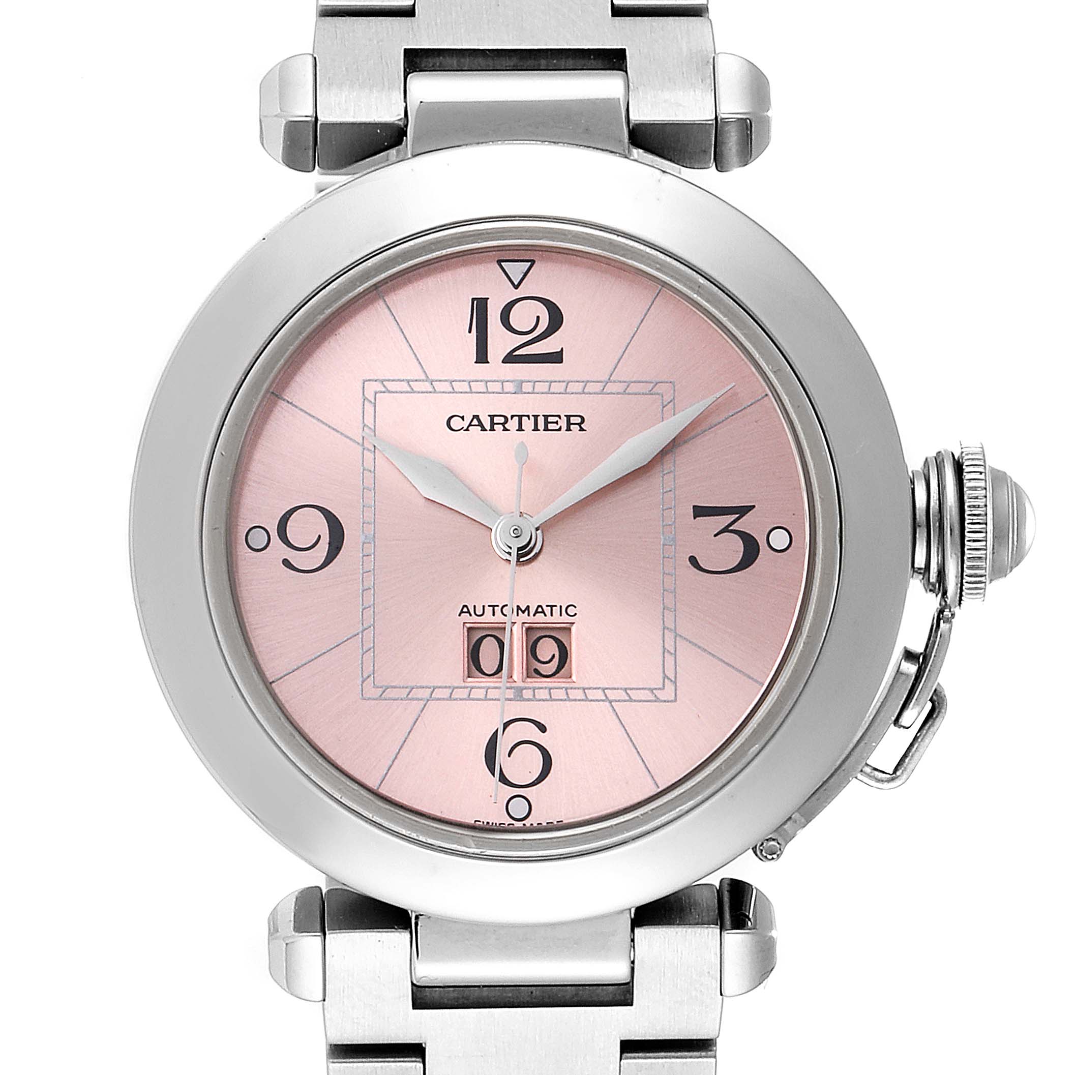 This image shows a front view of the Cartier Pasha W31058M7 Women
s Stainless Steel Pink Dial W31058M7 Women
s Stainless Steel Pink Dial watch with a pink dial and silver bracelet.