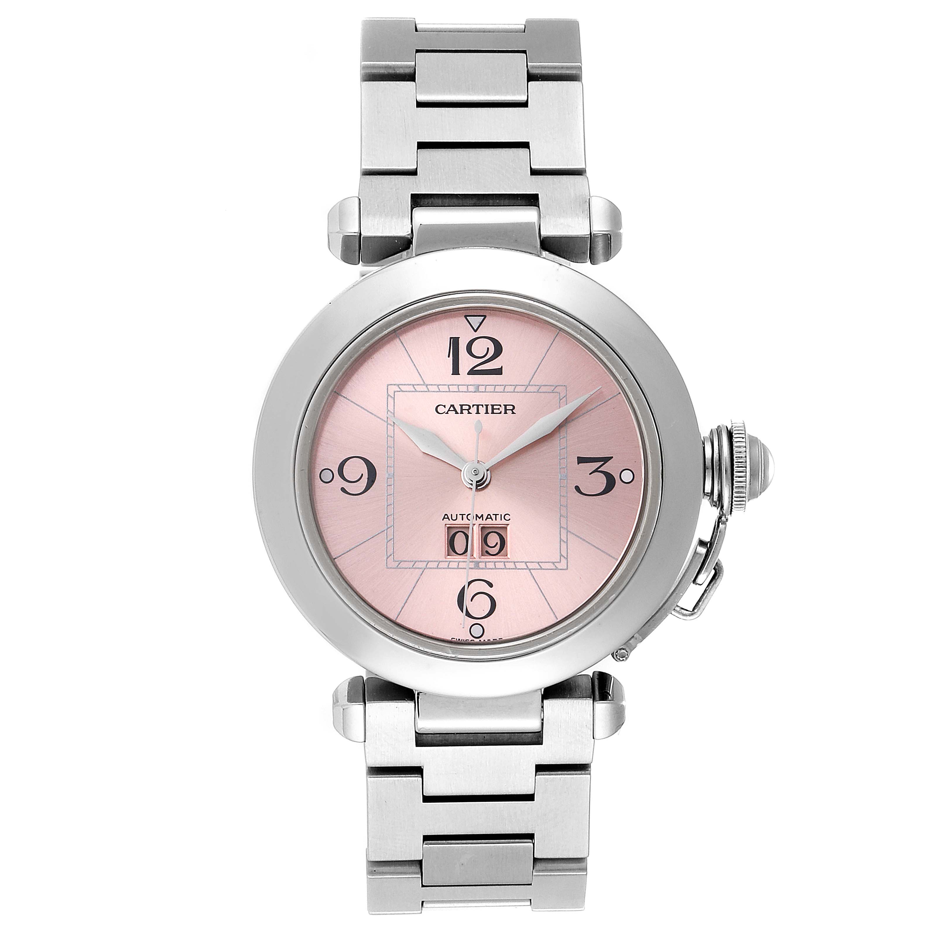 The Cartier Pasha W31058M7 Women
s Stainless Steel Pink Dial W31058M7 Women
s Stainless Steel Pink Dial watch is shown from the front, highlighting its pink dial, silver bracelet, and distinctive case.