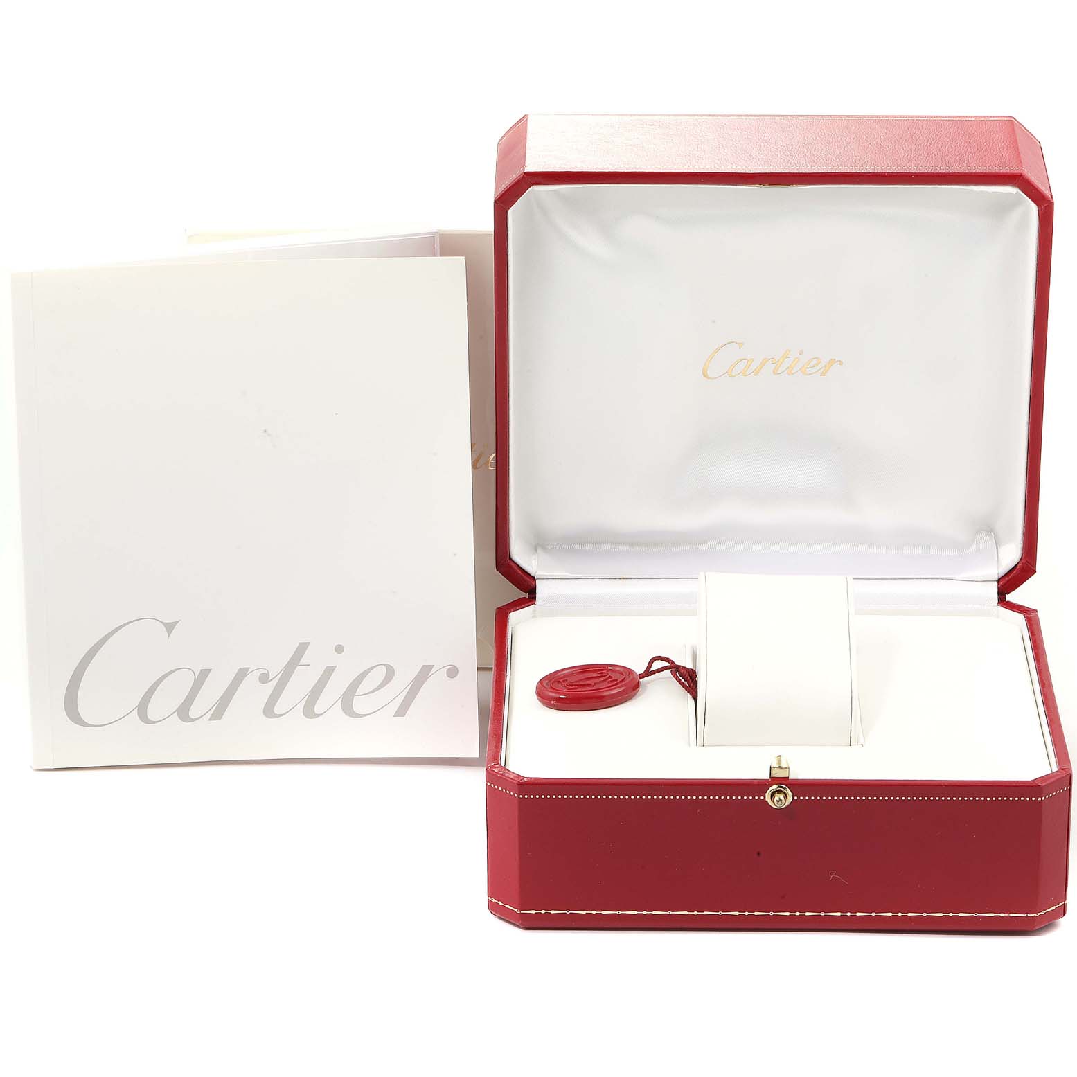 The image shows the watch box and accessories for a Cartier Pasha W31058M7 Women
s Stainless Steel Pink Dial W31058M7 Women
s Stainless Steel Pink Dial model, including the presentation box and booklet.