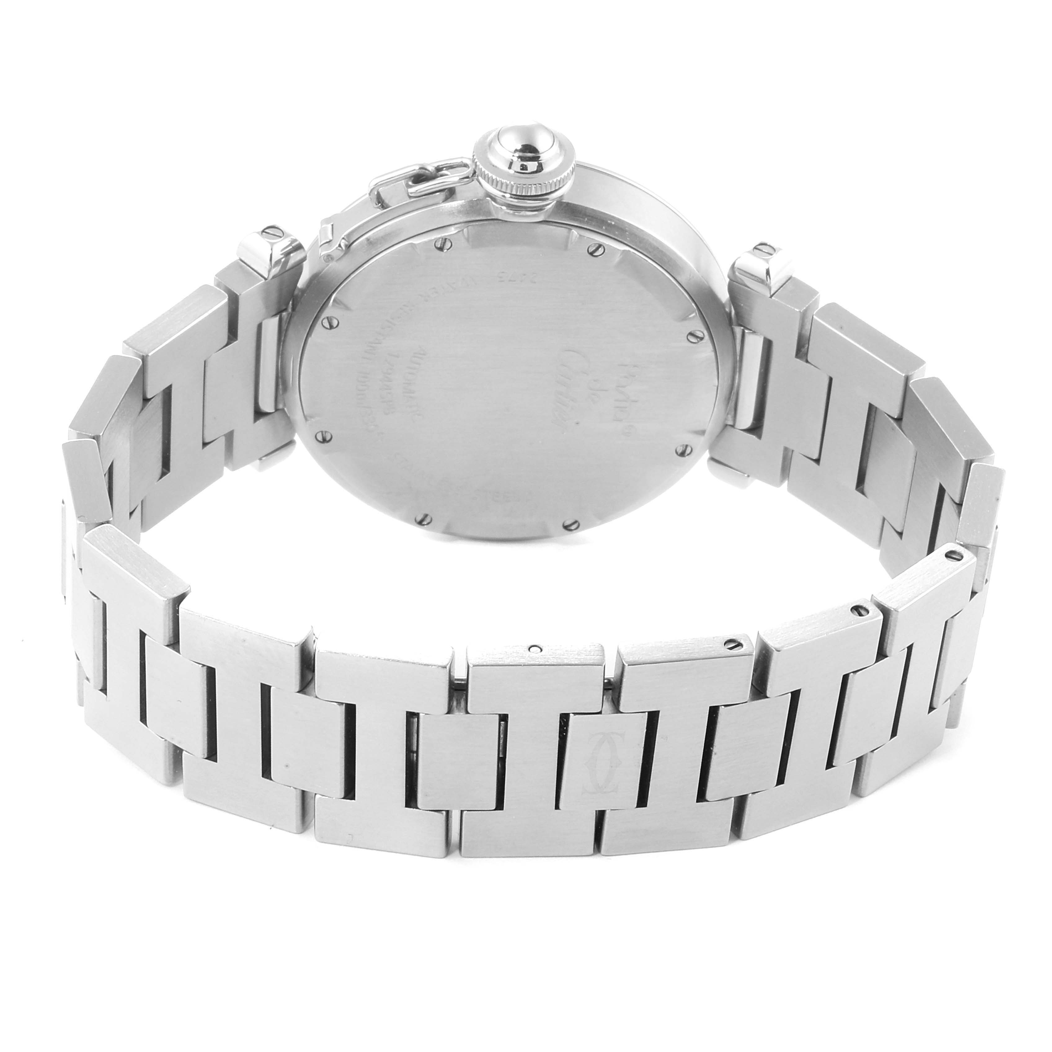 This image shows the back and stainless steel bracelet of a Cartier Pasha W31058M7 Women
s Stainless Steel Pink Dial W31058M7 Women
s Stainless Steel Pink Dial watch from a rear angle.